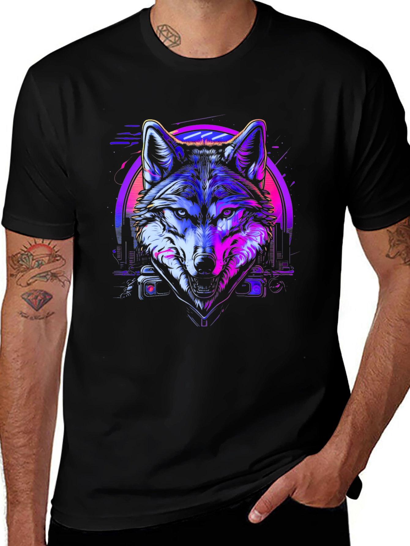Neon Wolf Graphic Tee - Retro Style