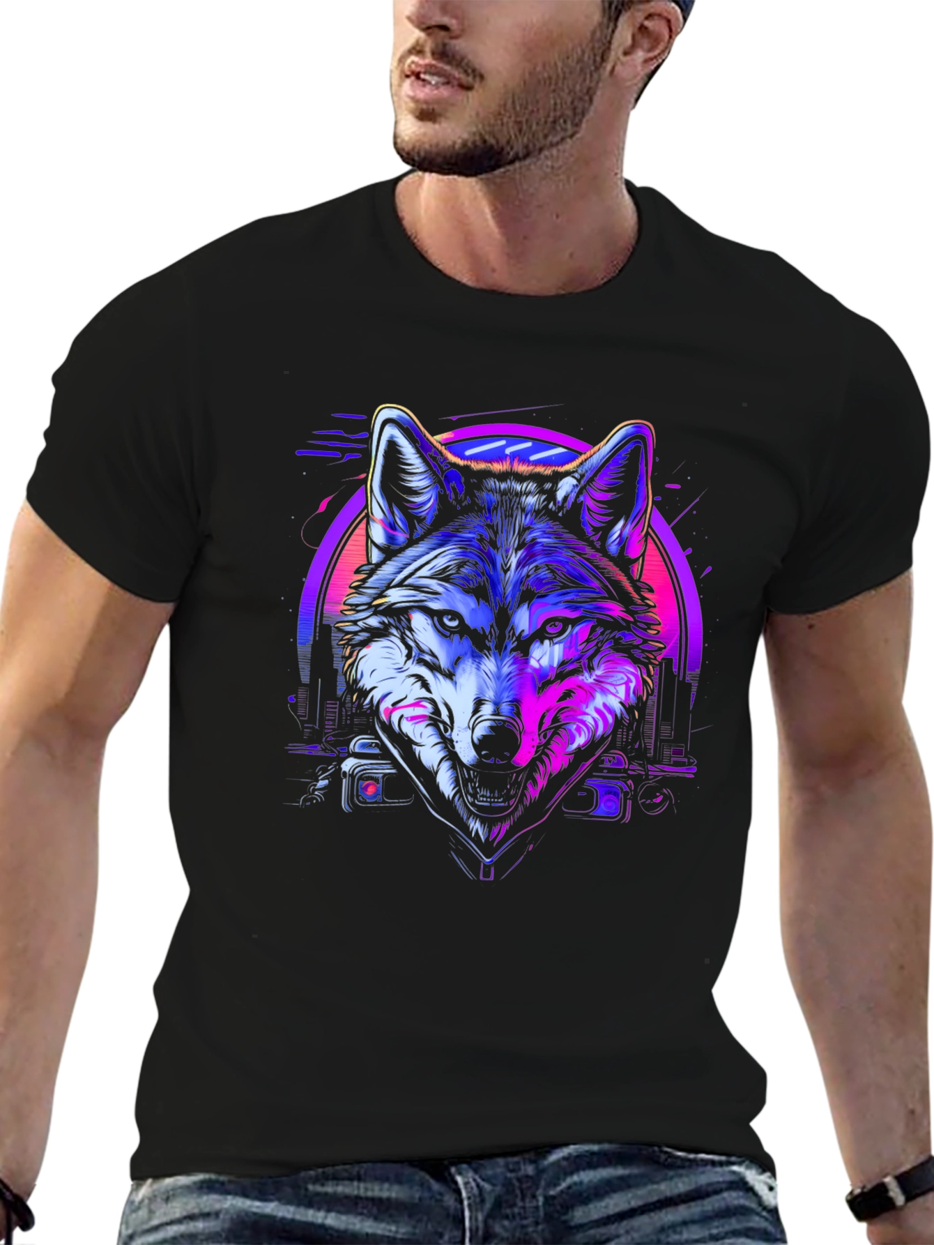 Neon Wolf Graphic Tee - Retro Style