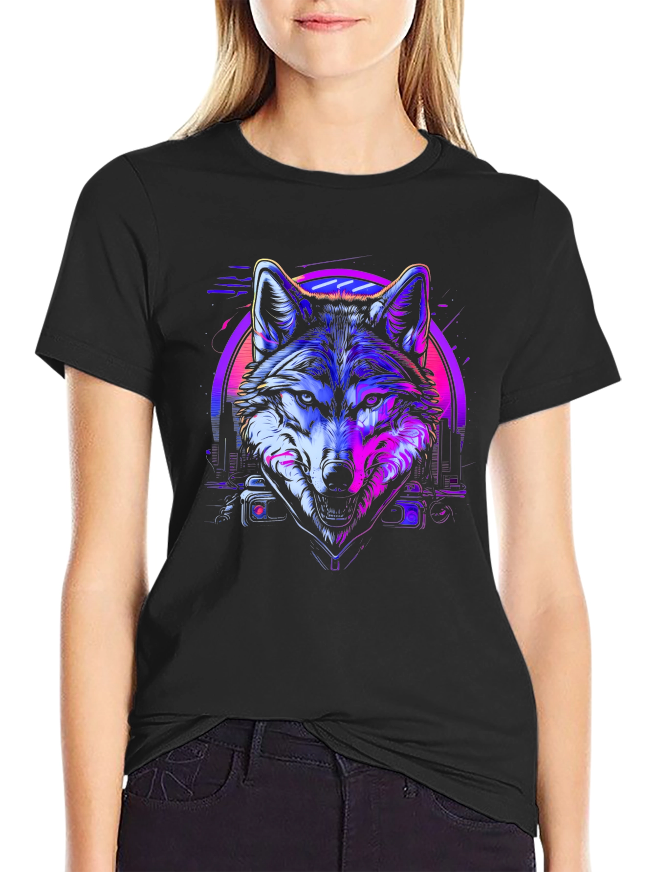 Neon Wolf Graphic Tee - Retro Style