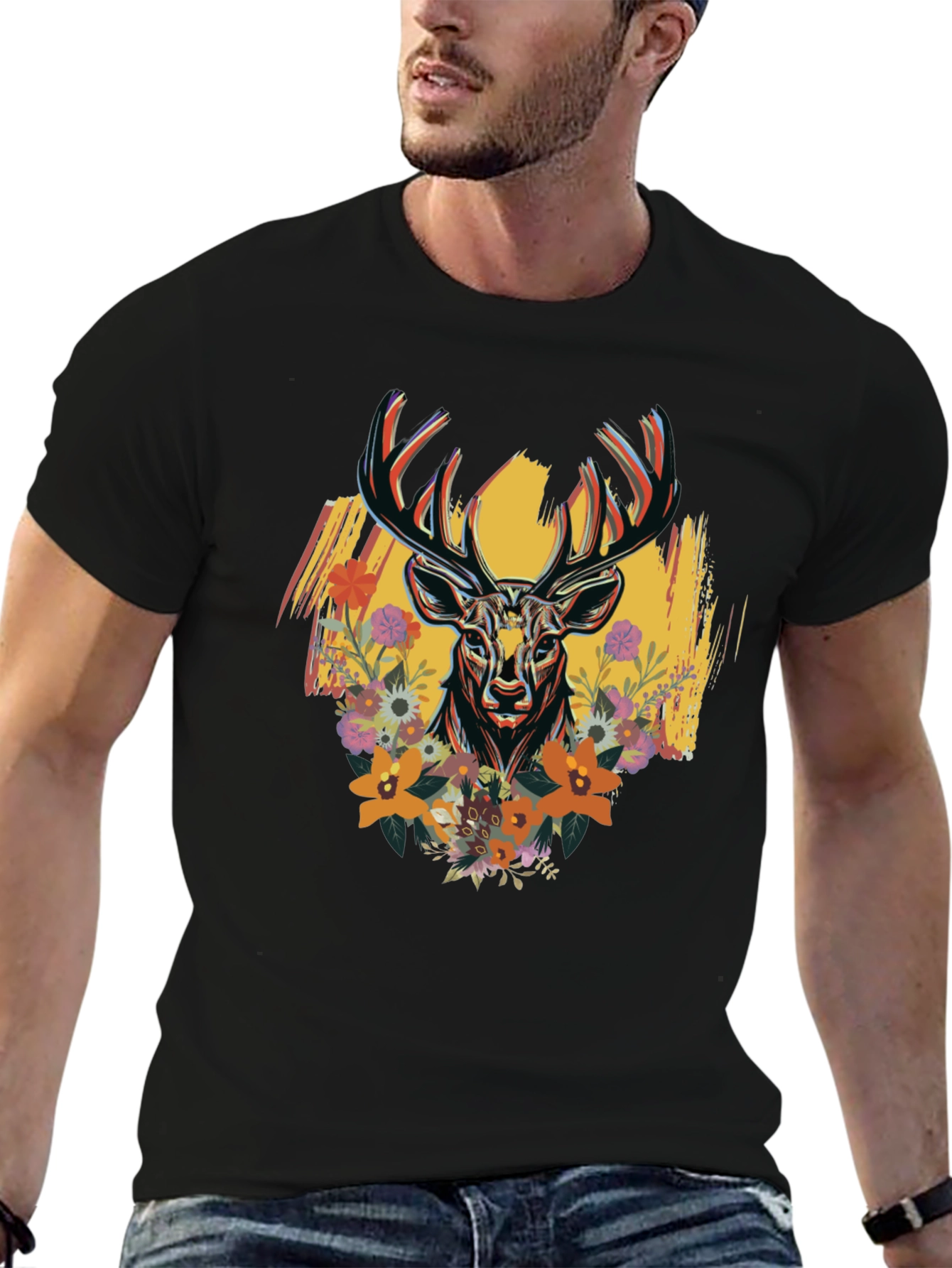 Floral Deer Graphic Print Mens Black T-Shirt