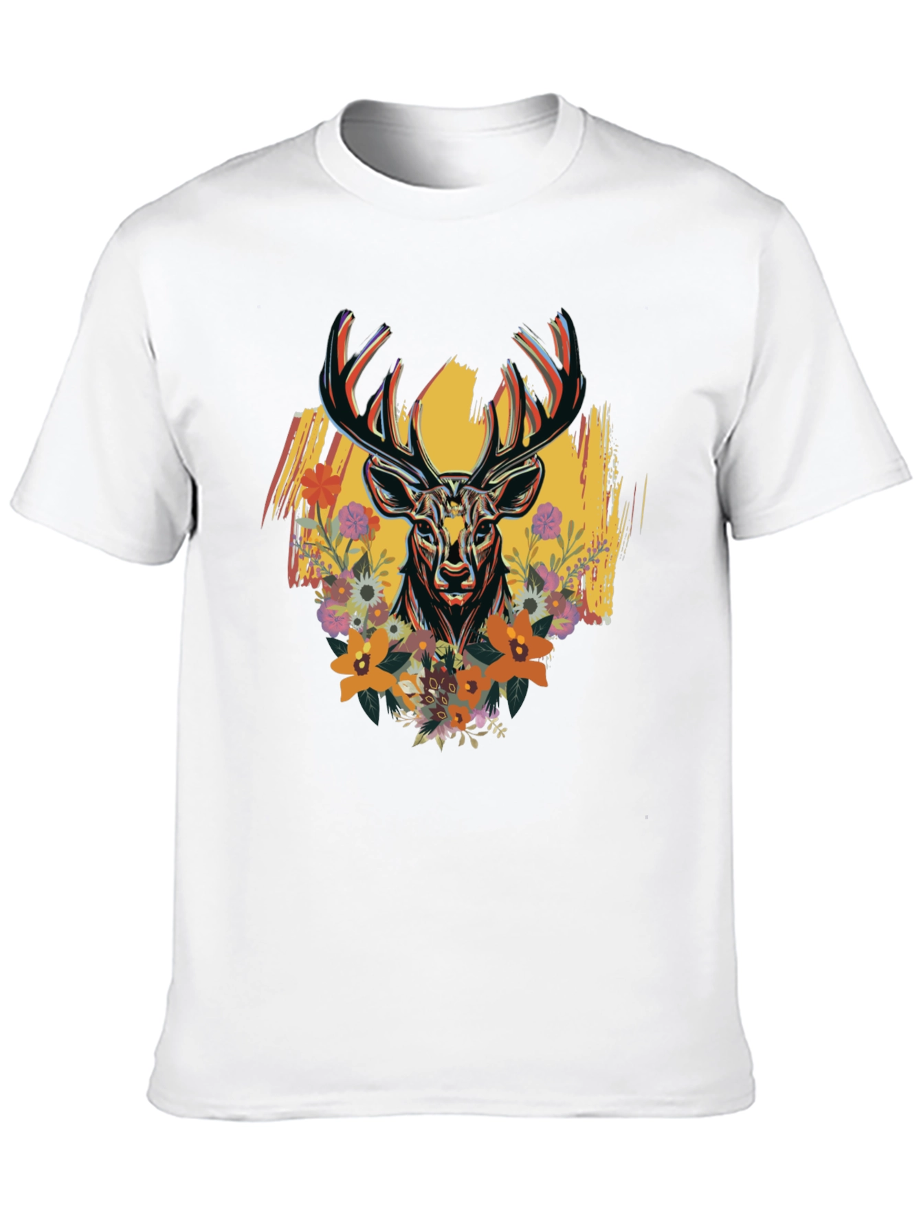 Floral Deer Graphic Print Mens Black T-Shirt