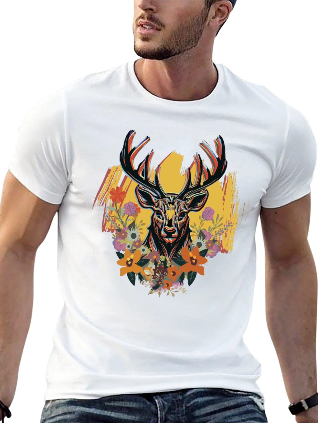 Floral Deer Graphic Print Mens Black T-Shirt
