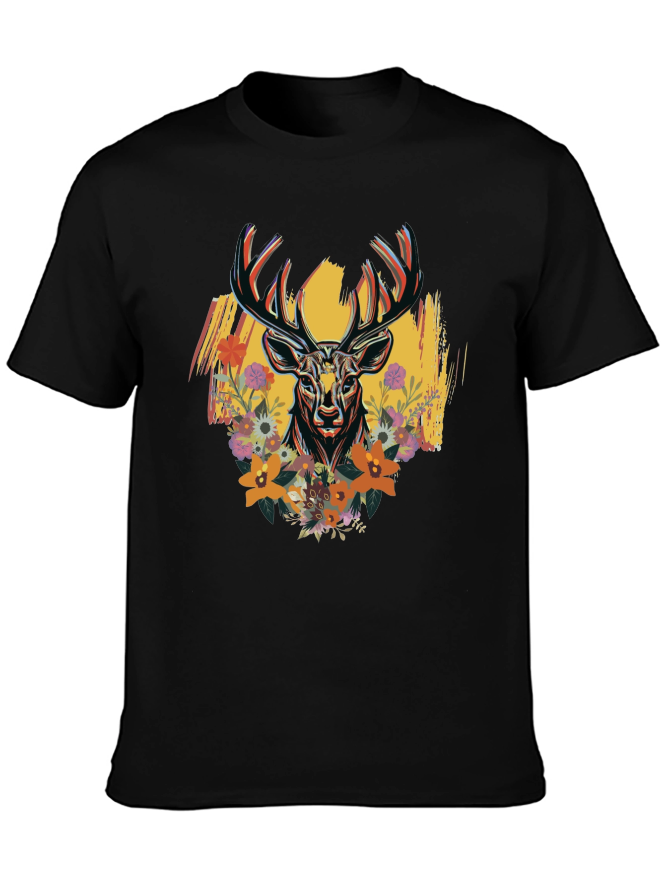 Floral Deer Graphic Print Mens Black T-Shirt