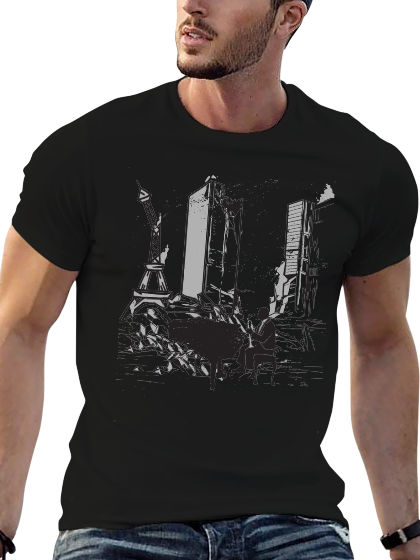 Mens Black Graphic Tee - Cityscape Design