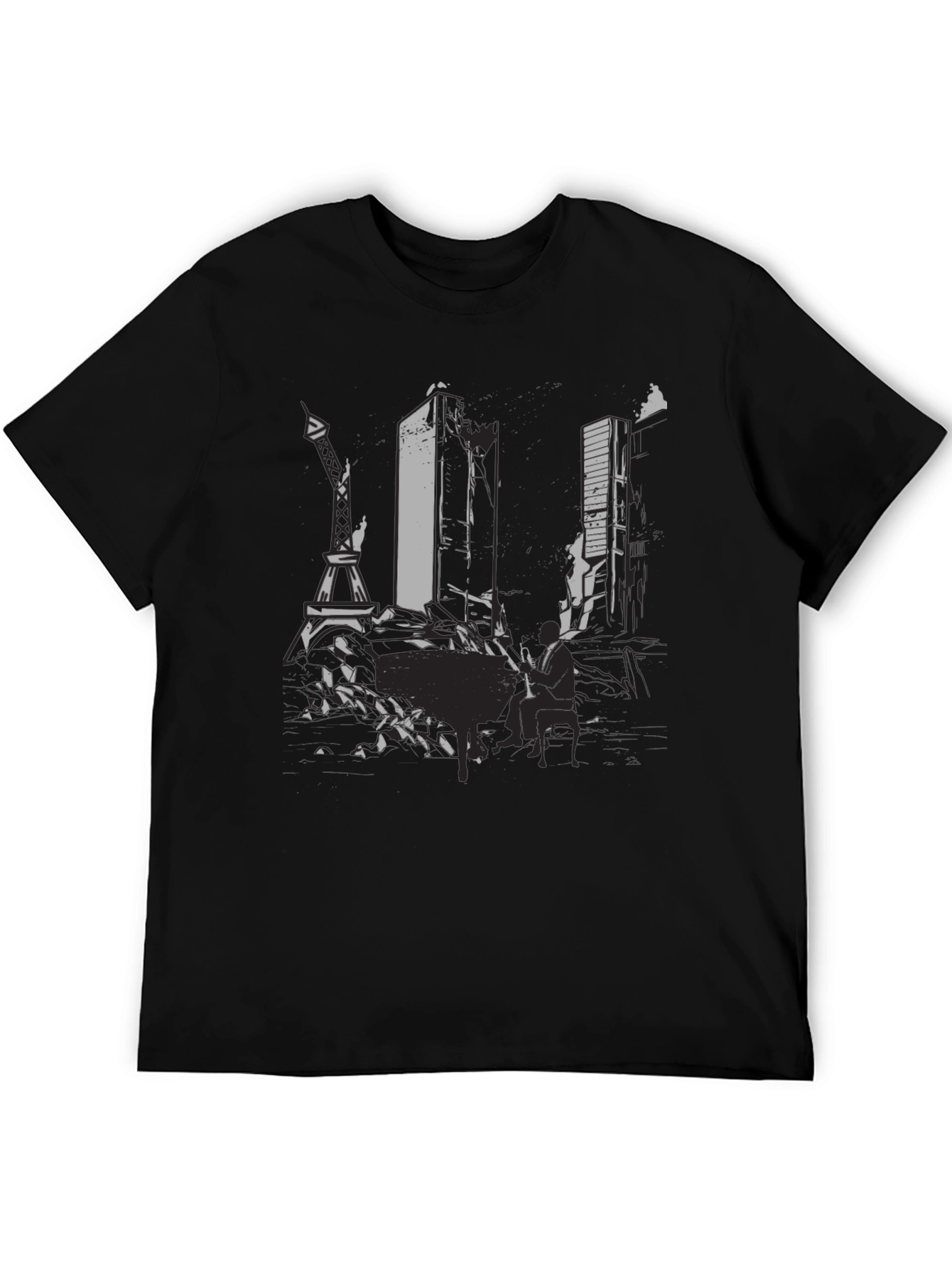 Mens Black Graphic Tee - Cityscape Design