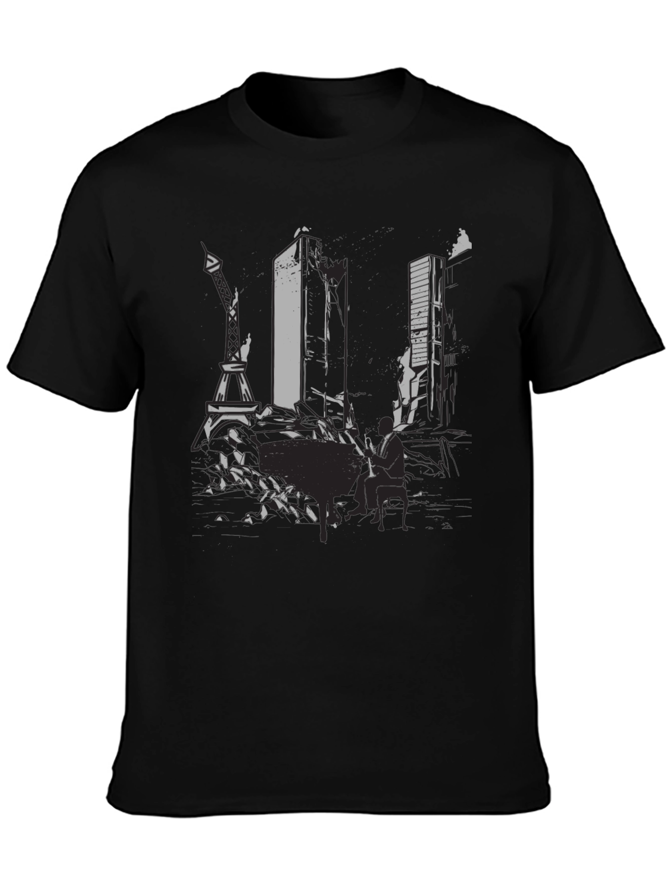 Mens Black Graphic Tee - Cityscape Design