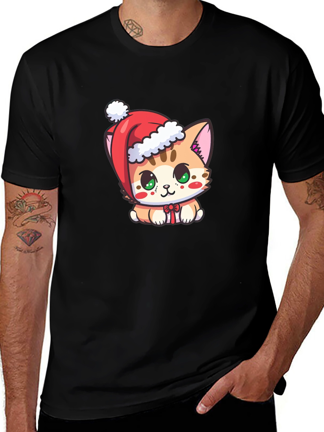 Cute Christmas Kitten Black T-Shirt