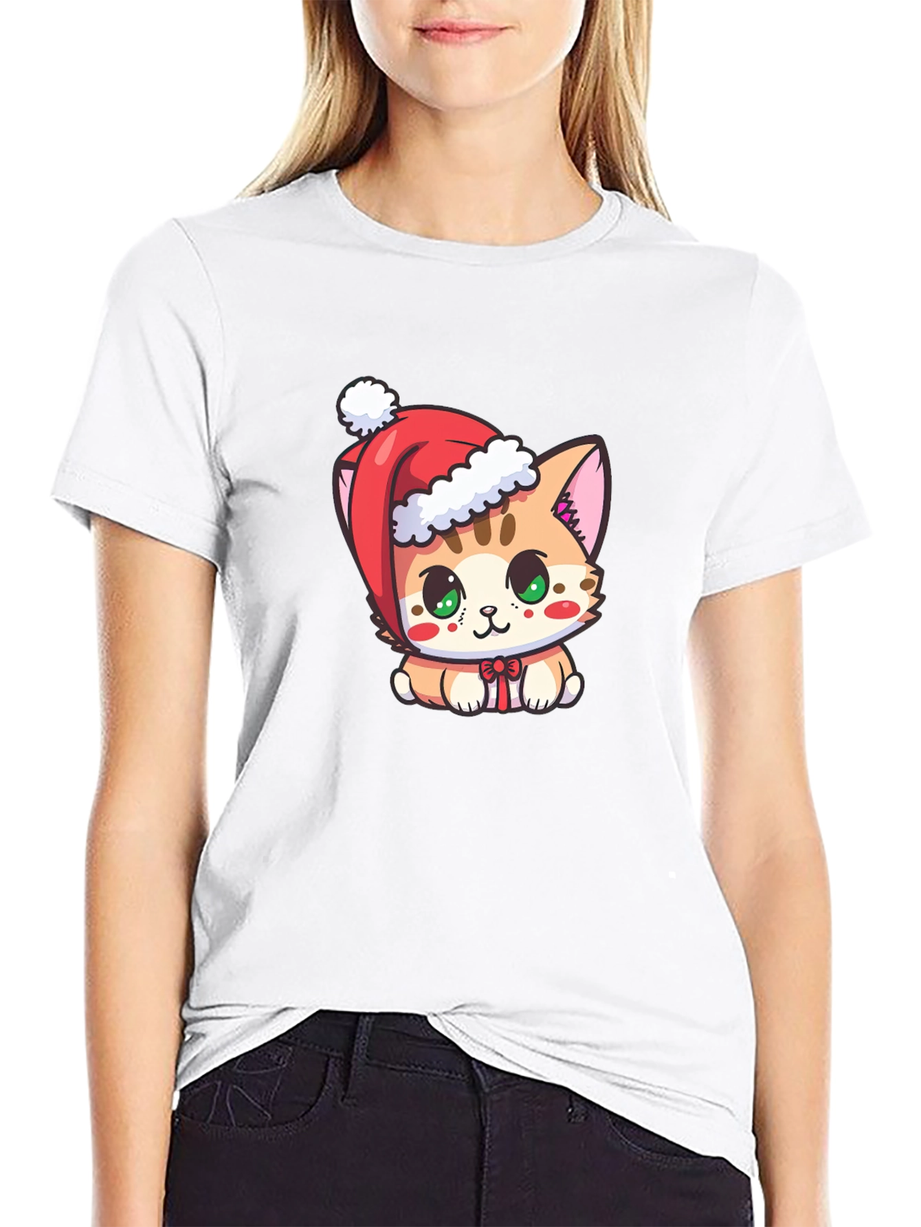 Cute Christmas Kitten Black T-Shirt