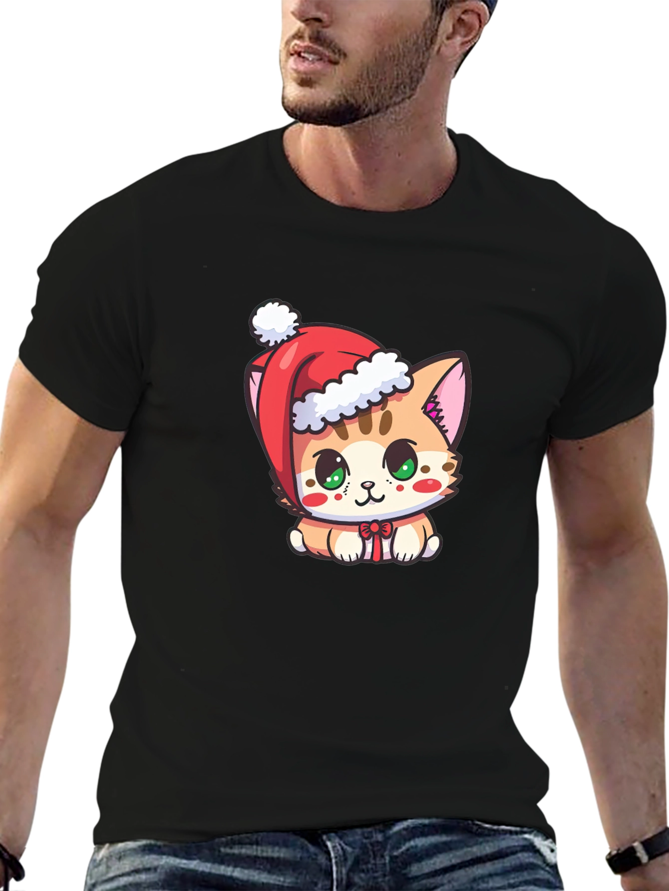 Cute Christmas Kitten Black T-Shirt