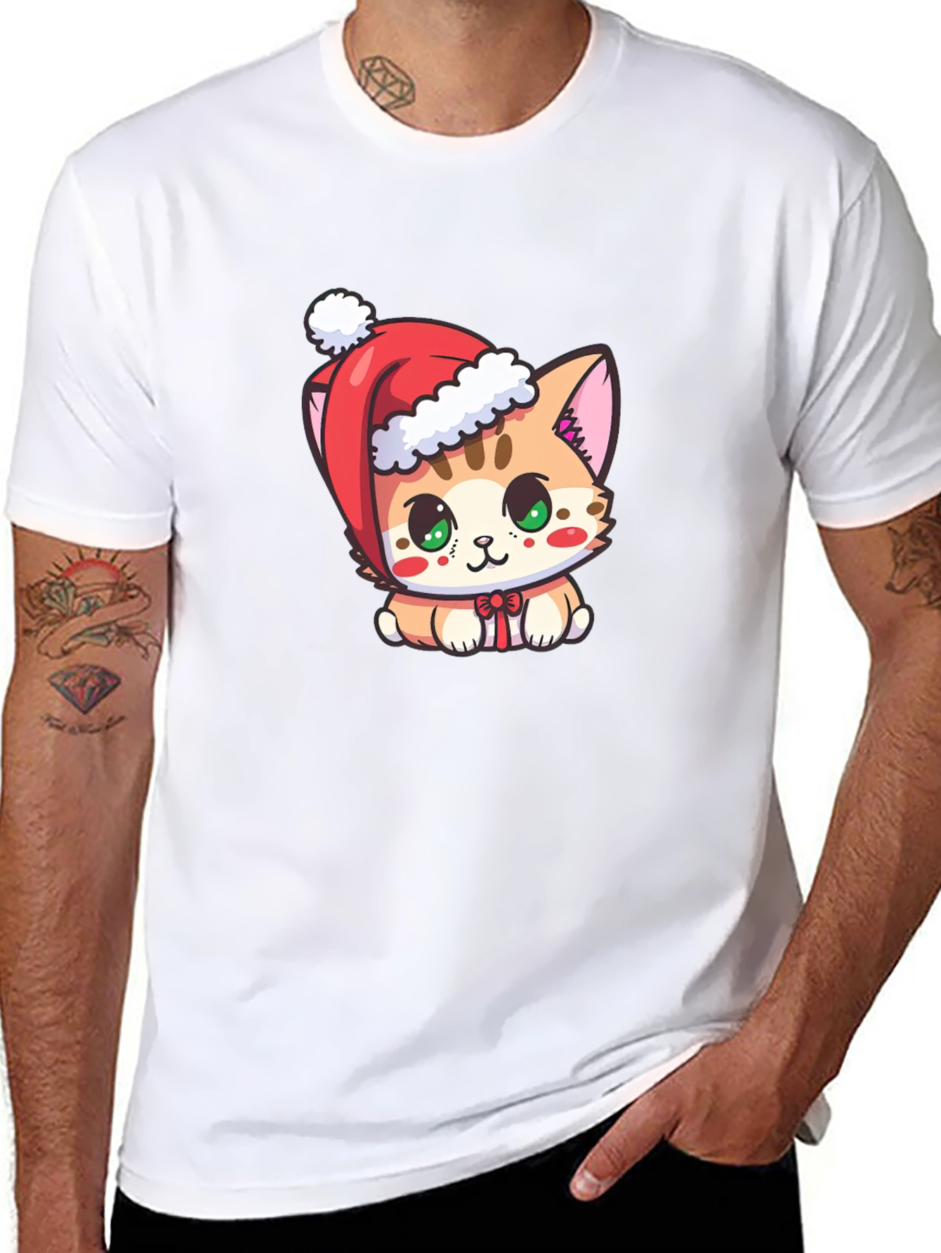 Cute Christmas Kitten Black T-Shirt