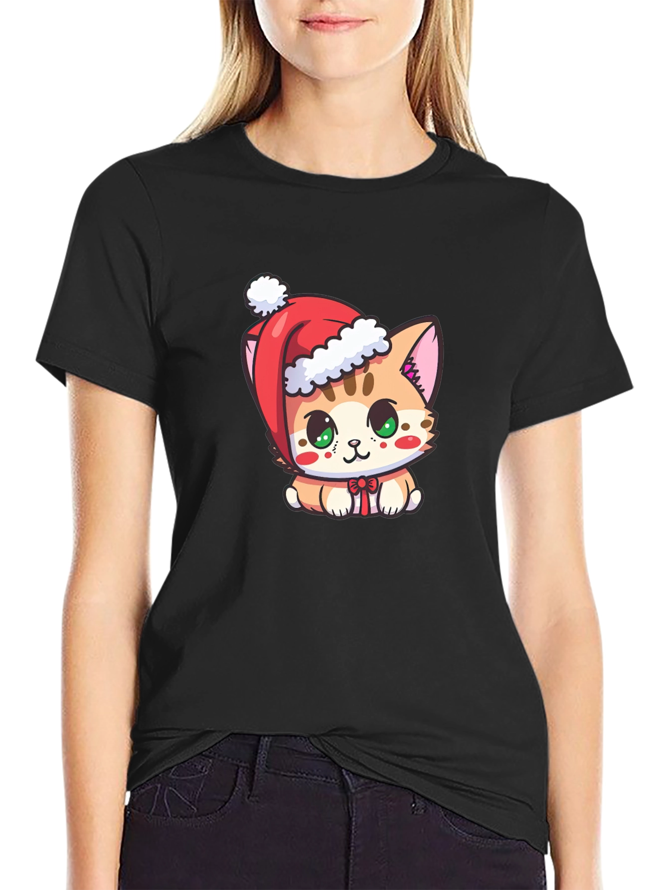 Cute Christmas Kitten Black T-Shirt