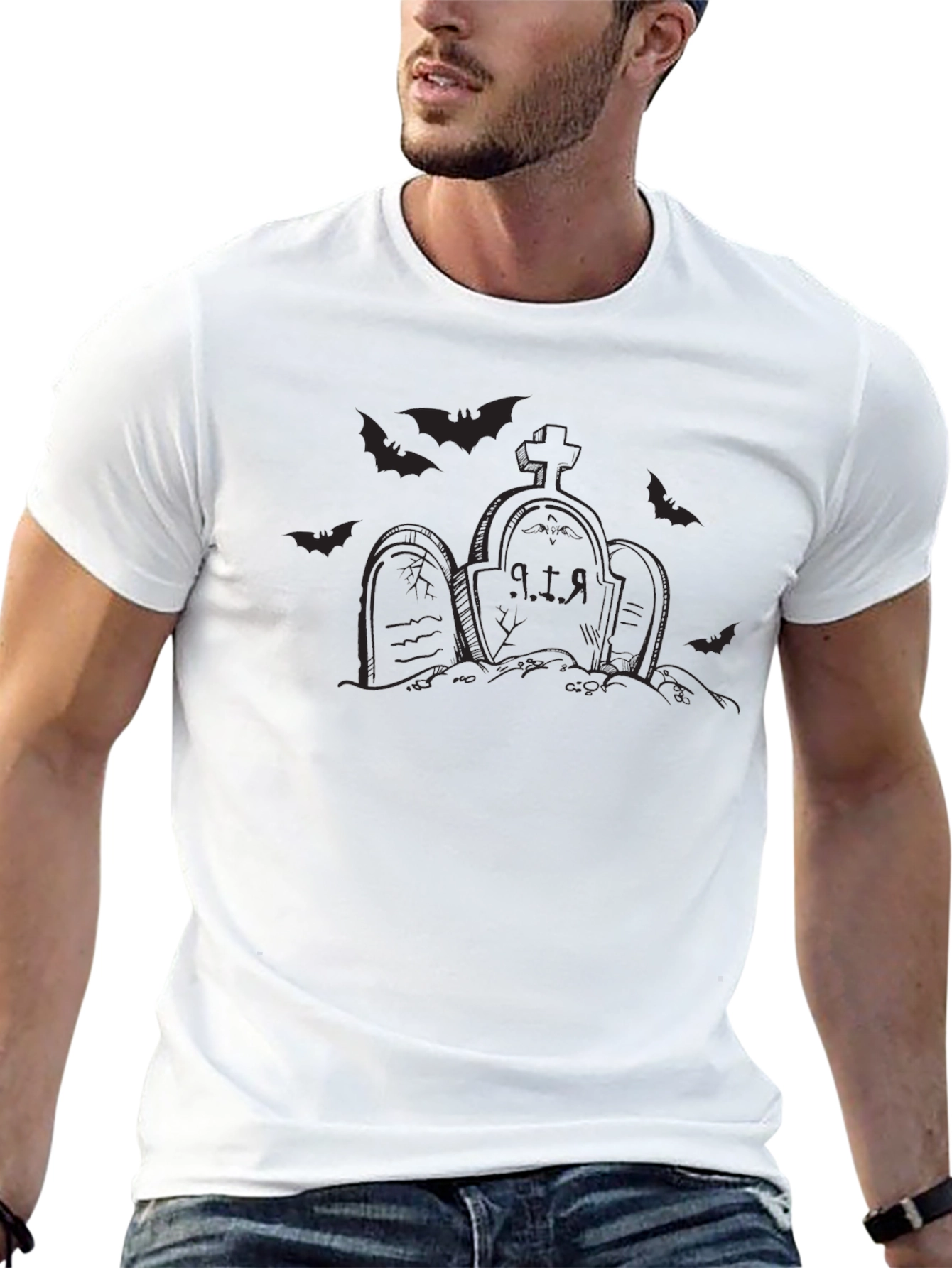 Halloween Tombstone Bat Graphic Tee
