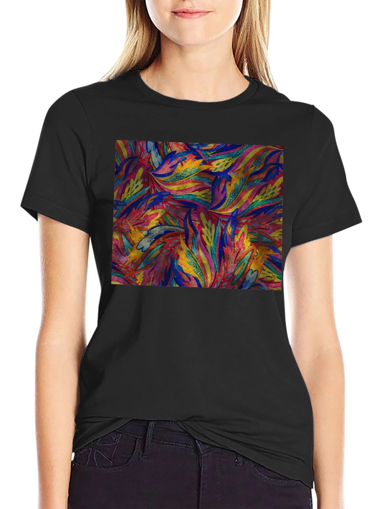 Abstract Feather Print Black T-Shirt