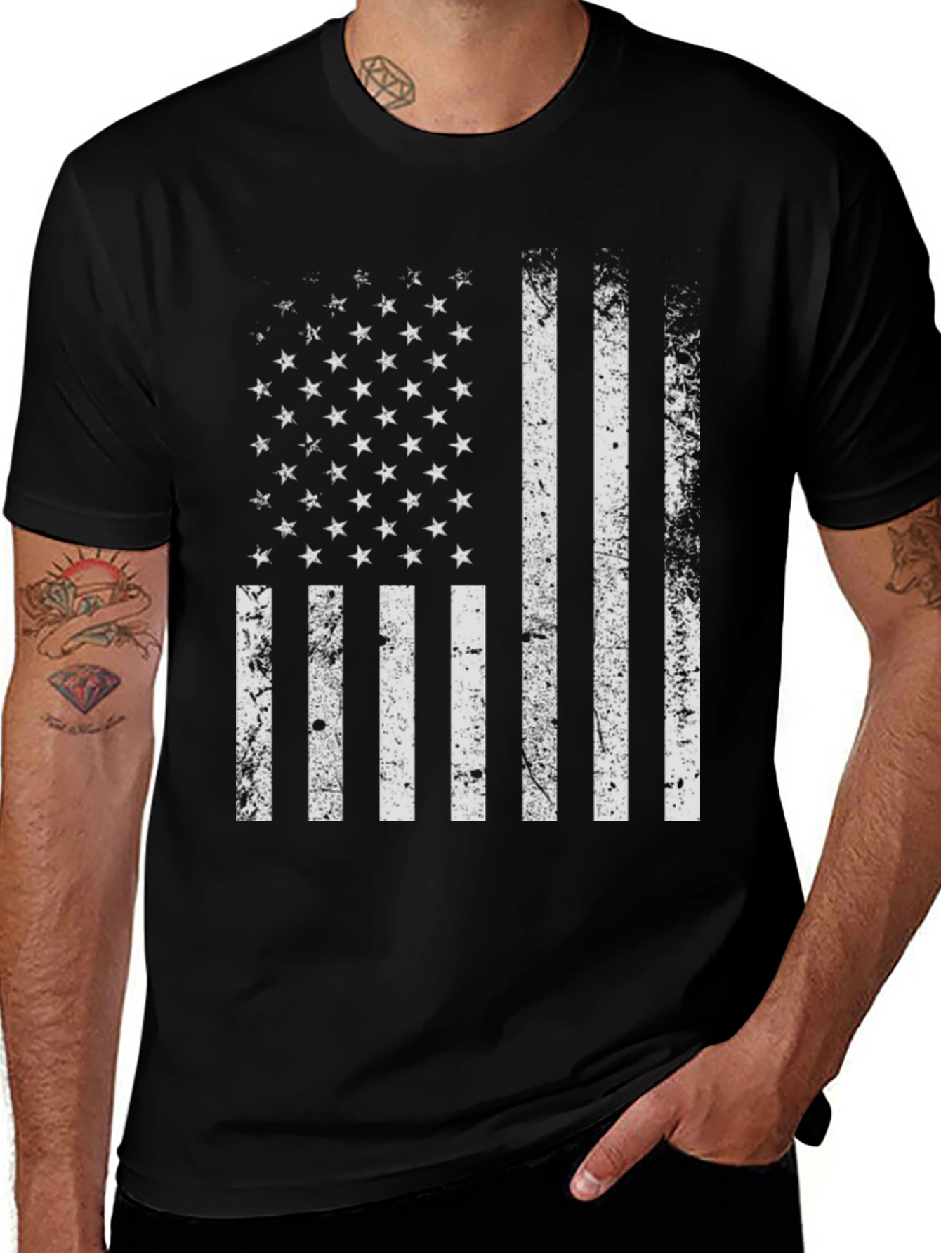 Distressed American Flag Graphic Tee - Black