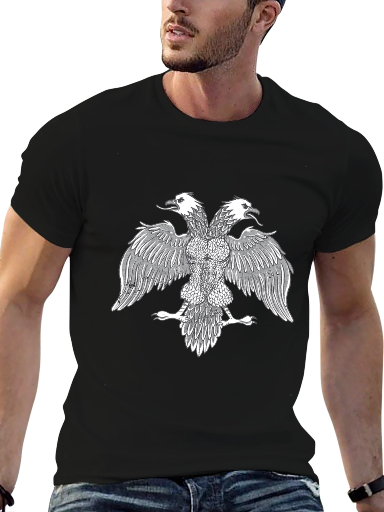Black T-Shirt with Double-Headed Eagle Print
