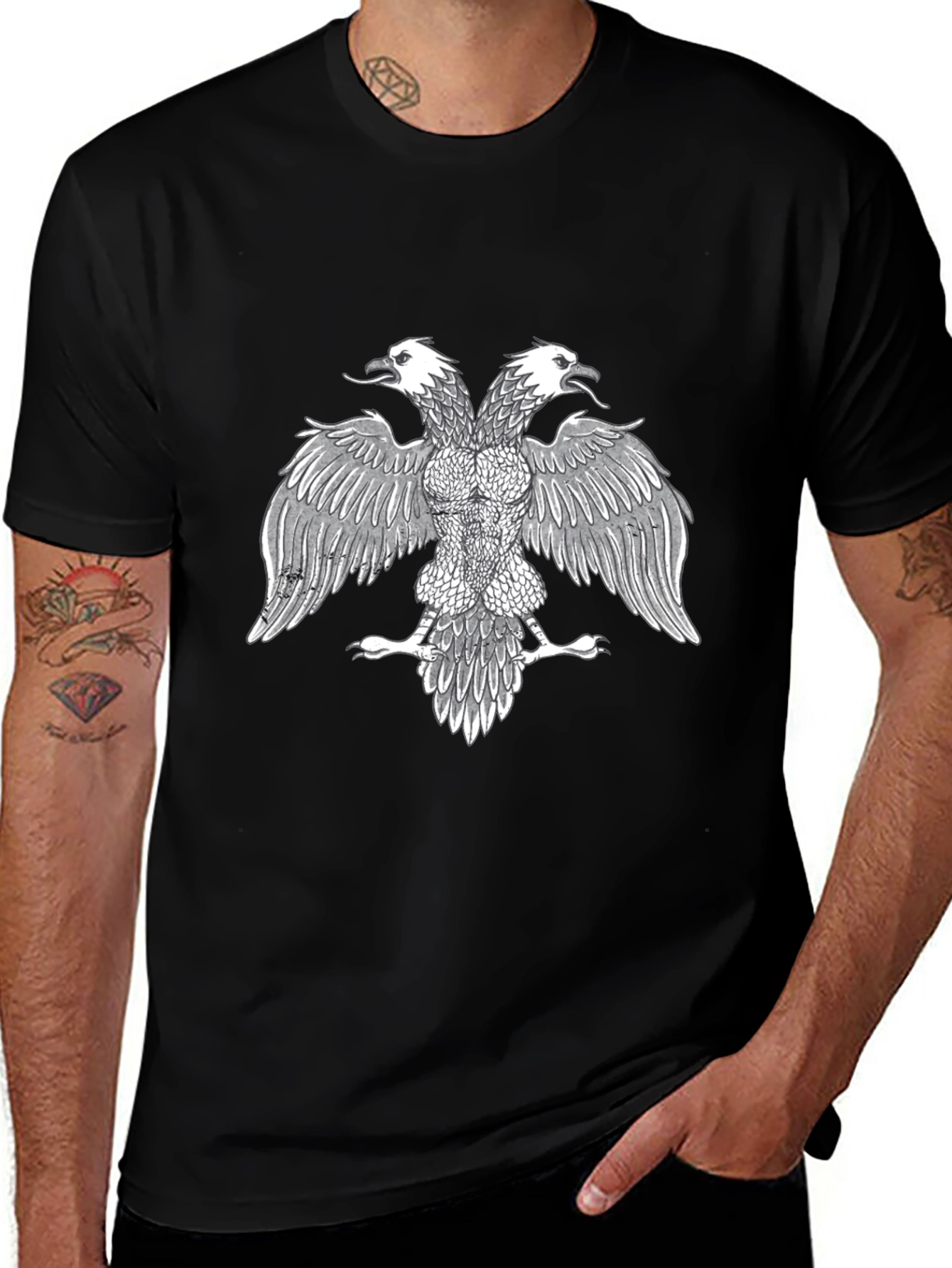Black T-Shirt with Double-Headed Eagle Print