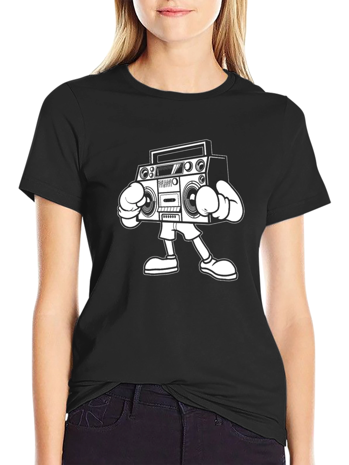 Black T-Shirt with Retro Boombox Graphic