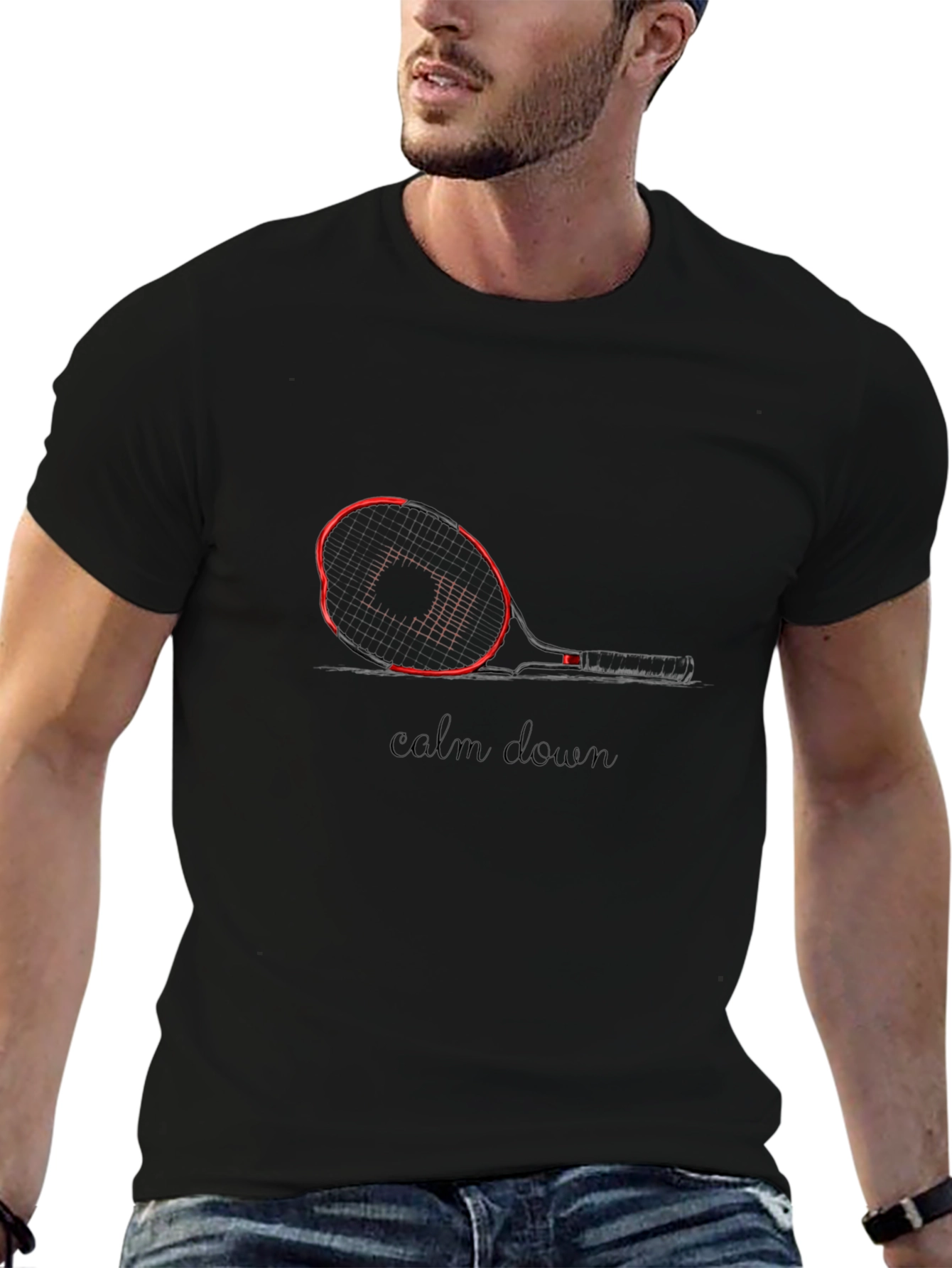 Mens Black Tennis Graphic Tee - Calm Down Slogan