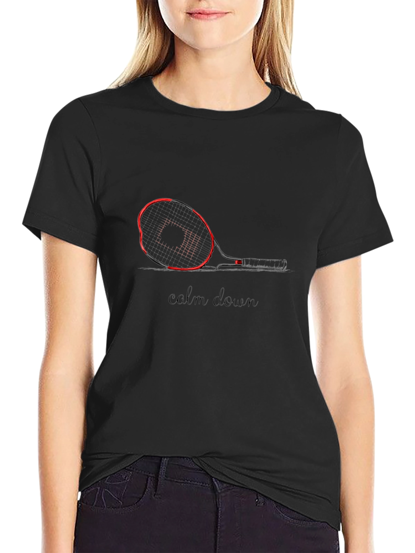 Mens Black Tennis Graphic Tee - Calm Down Slogan