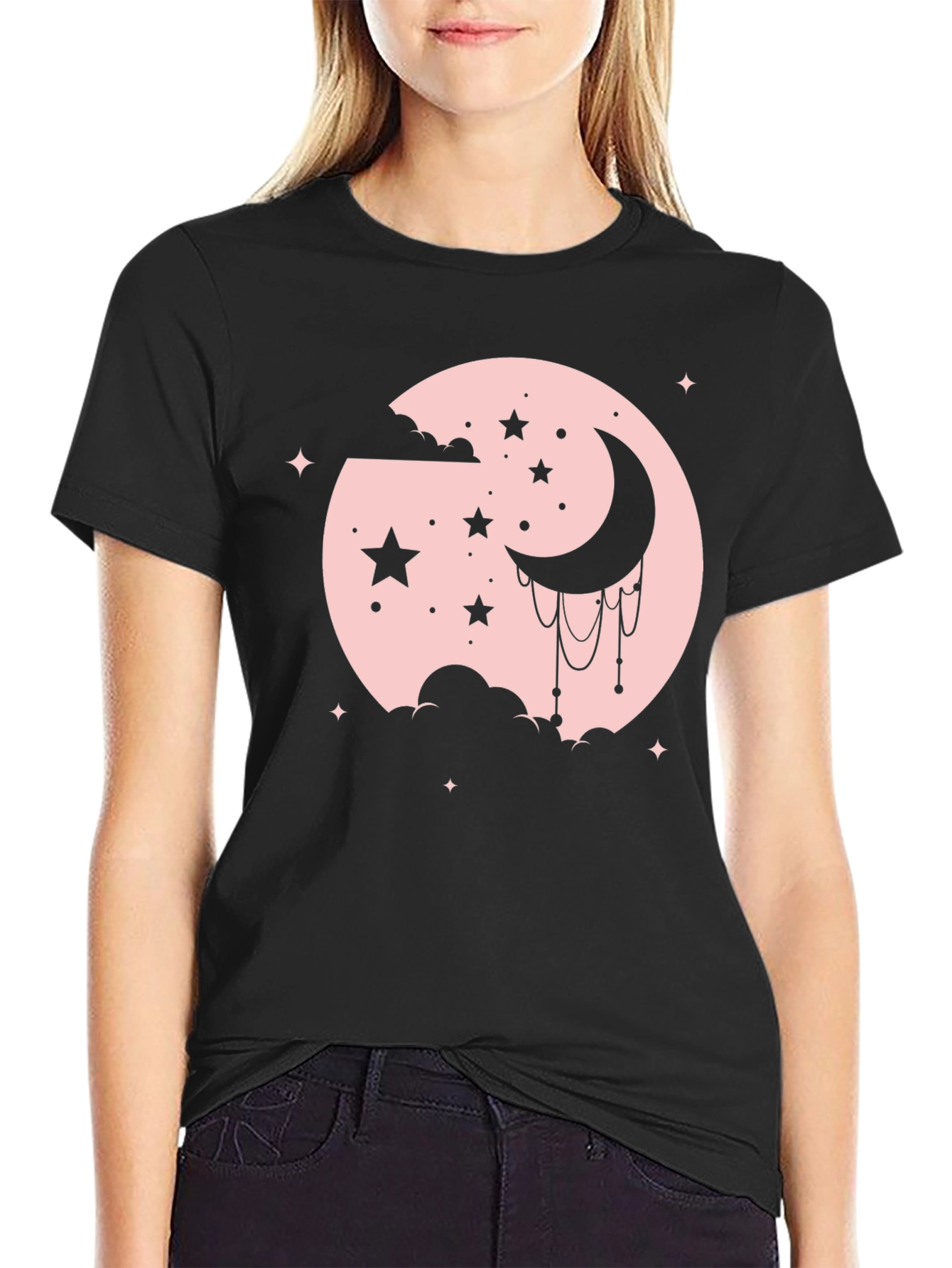 Celestial Moon & Stars Graphic Tee - Black