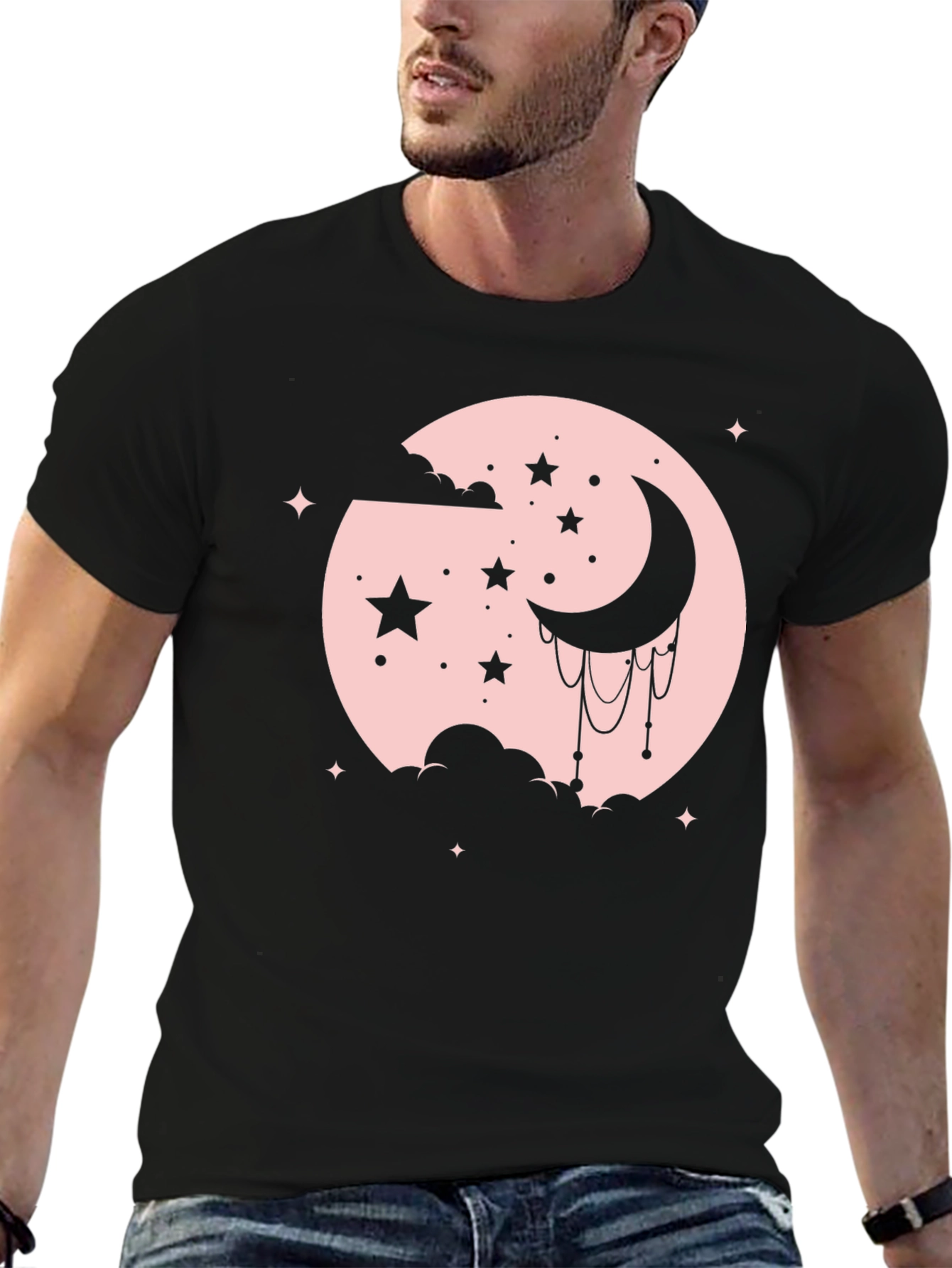 Celestial Moon & Stars Graphic Tee - Black