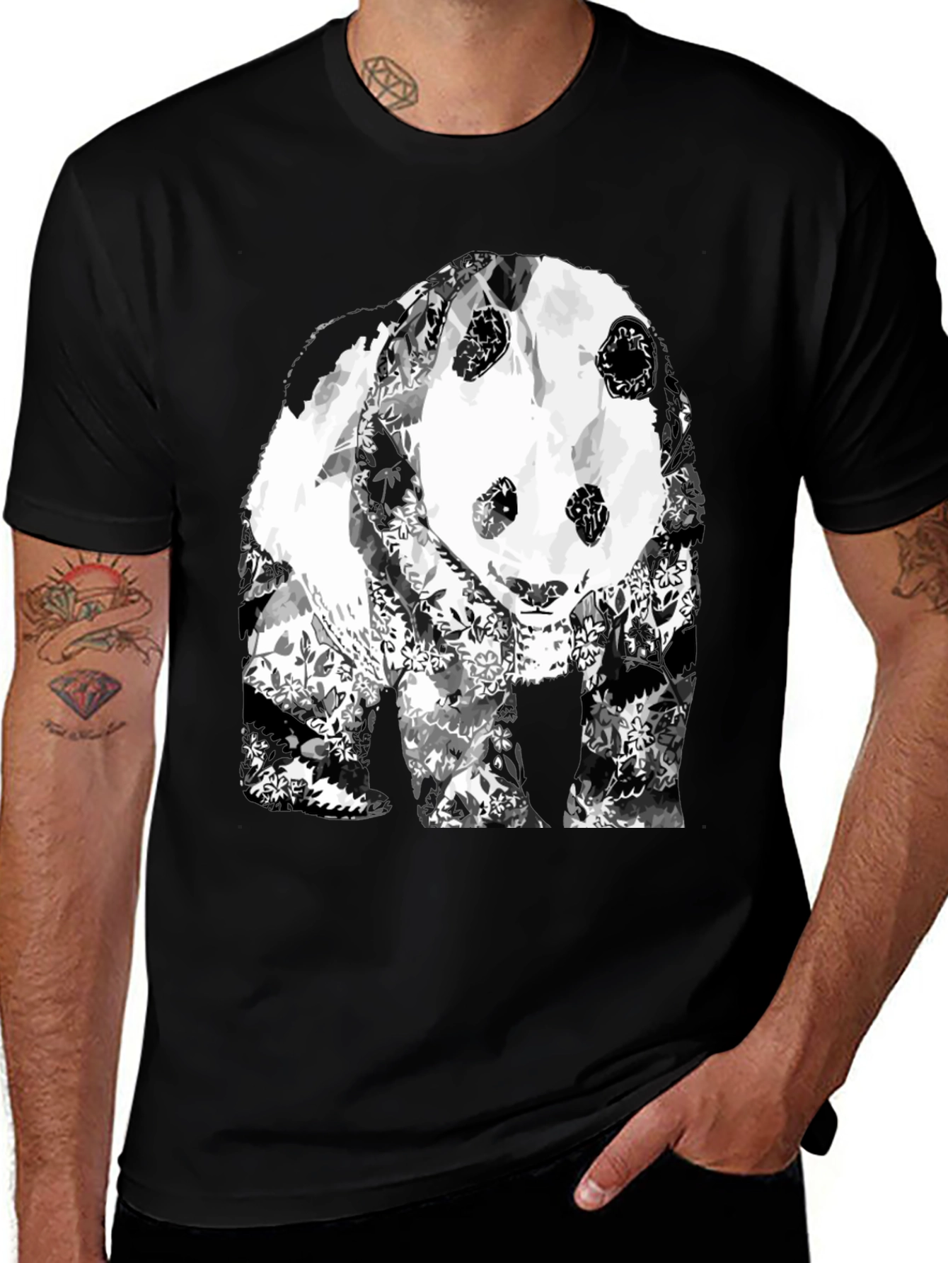 Floral Panda Graphic T-Shirt - Black