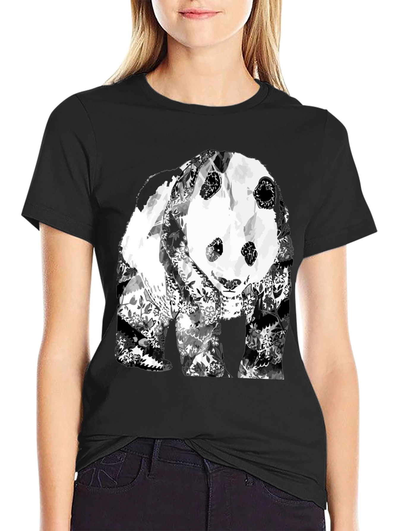 Floral Panda Graphic T-Shirt - Black