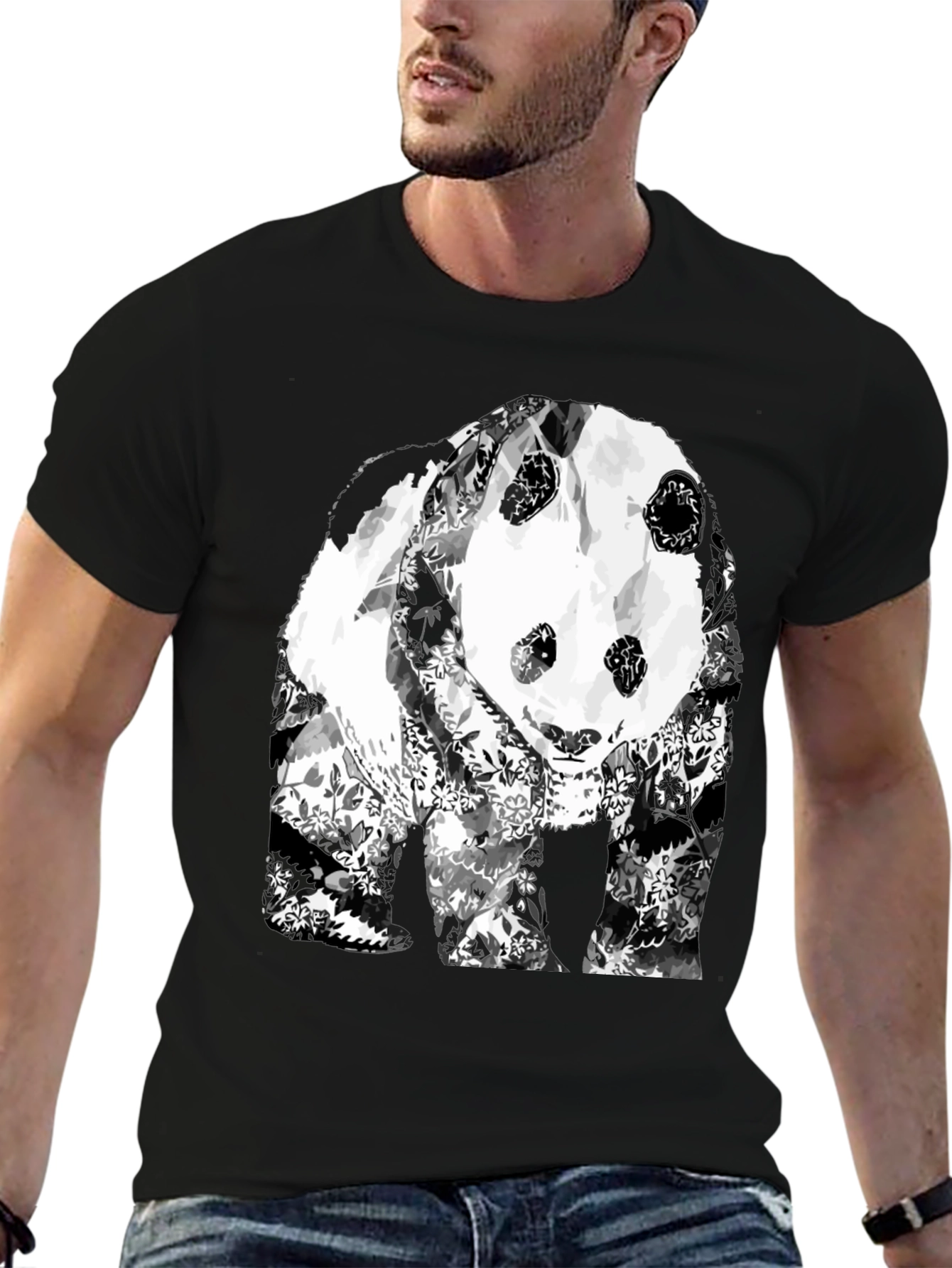 Floral Panda Graphic T-Shirt - Black