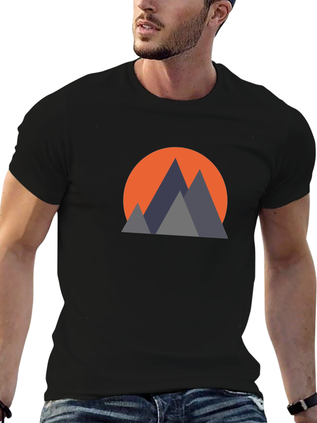 Geometric Mountain Sunset Graphic Tee - Black