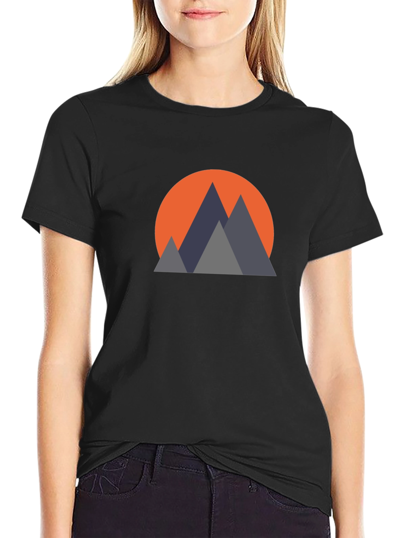Geometric Mountain Sunset Graphic Tee - Black