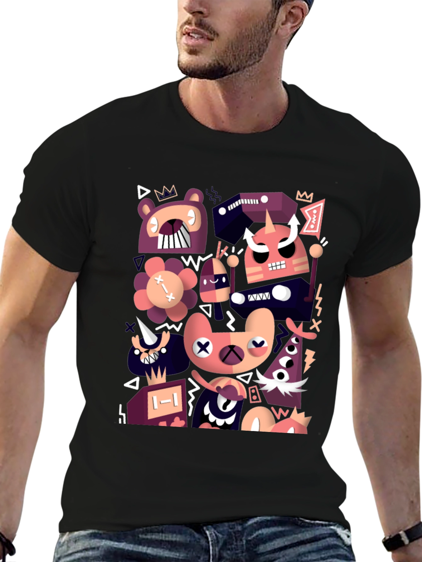 Abstract Cartoon Character Black T-Shirt