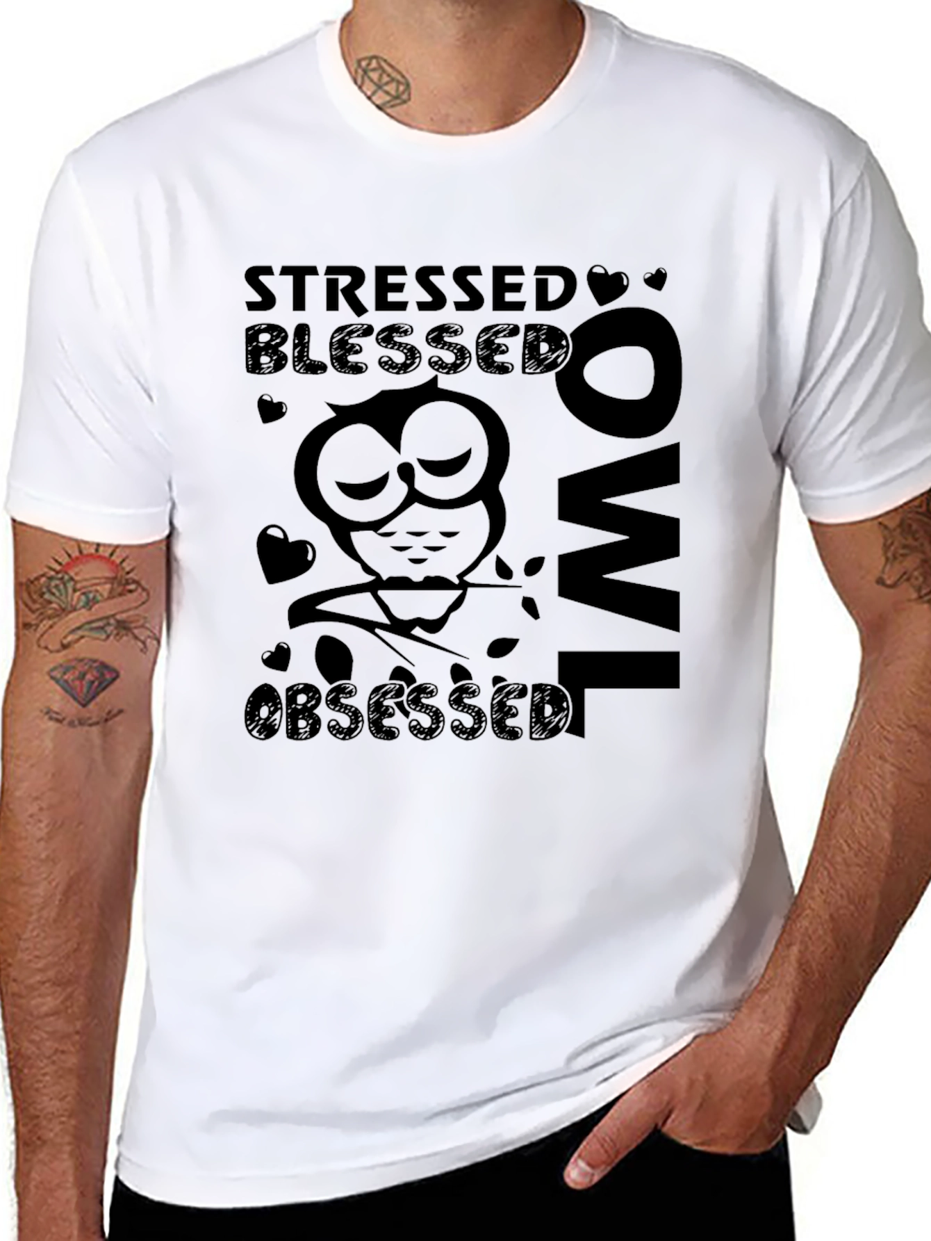 Stressed Blessed Owl Obsessed Black Graphic Tee