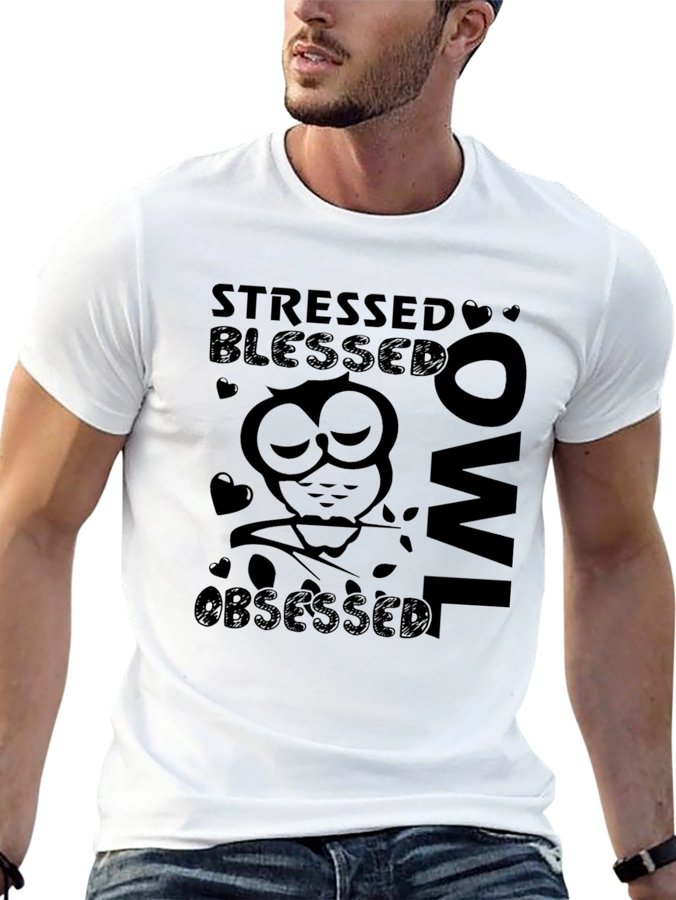 Stressed Blessed Owl Obsessed Black Graphic Tee