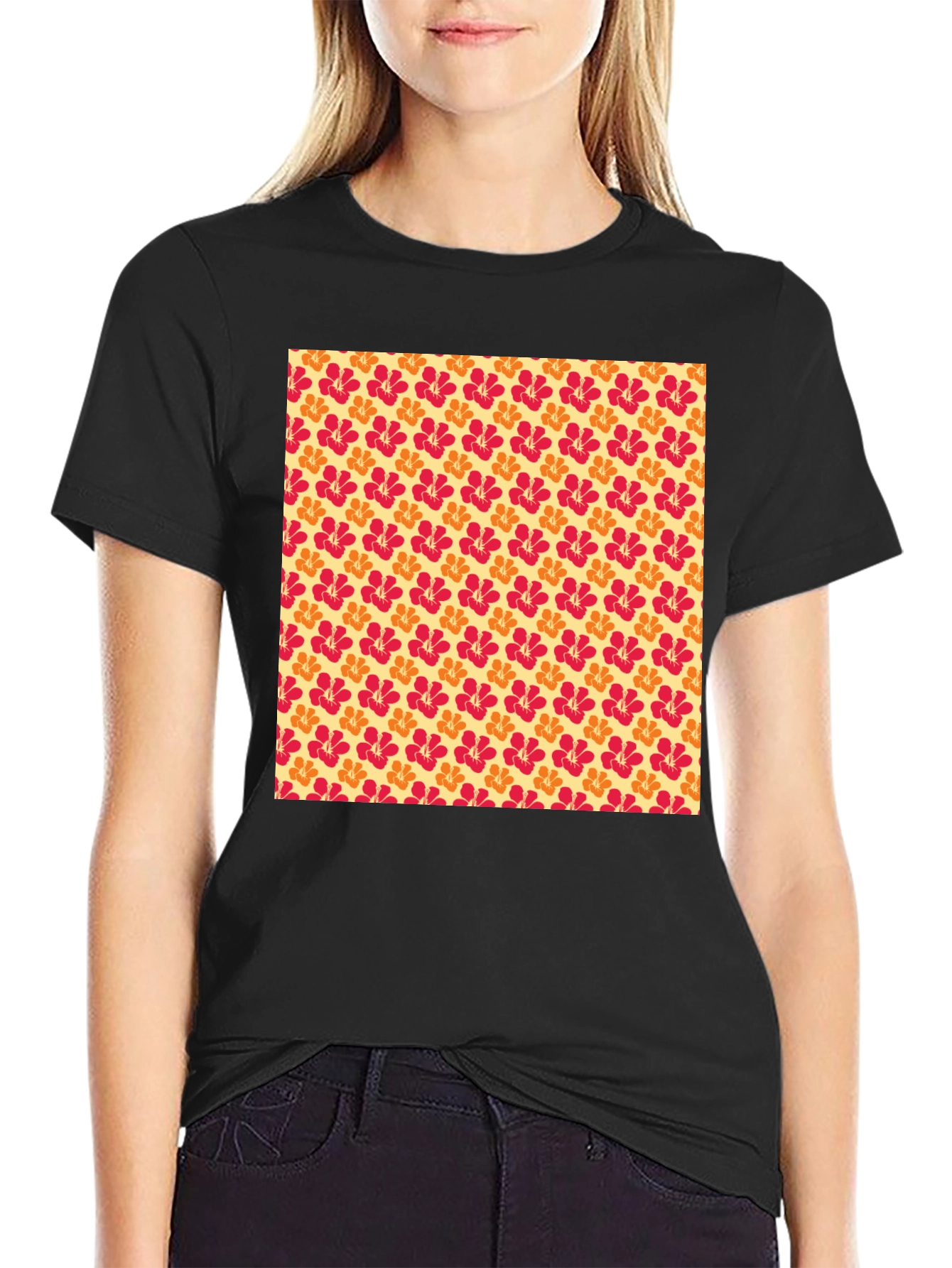 Floral Pattern Mens T-Shirt - Black