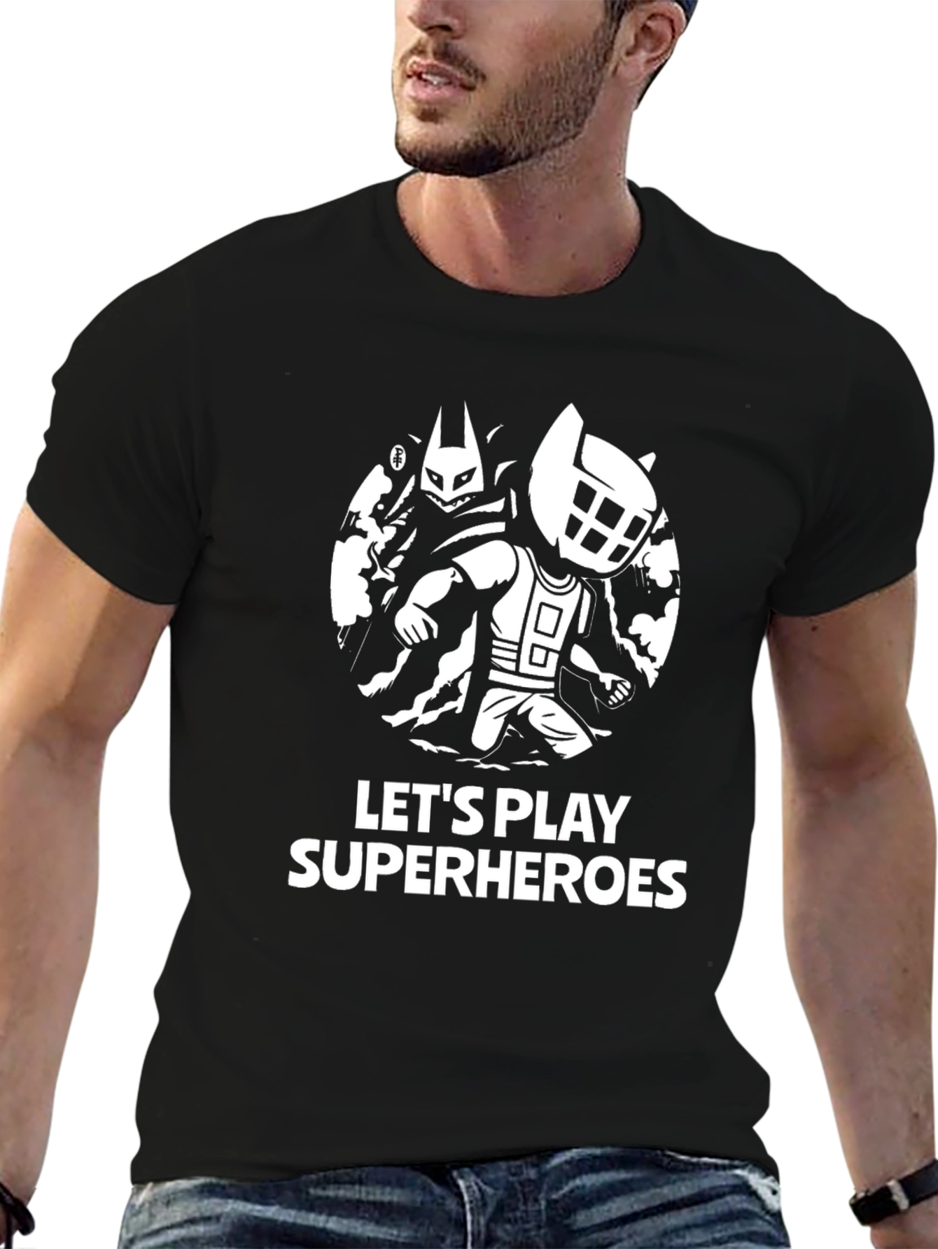 Lets Play Superheroes Black T-Shirt