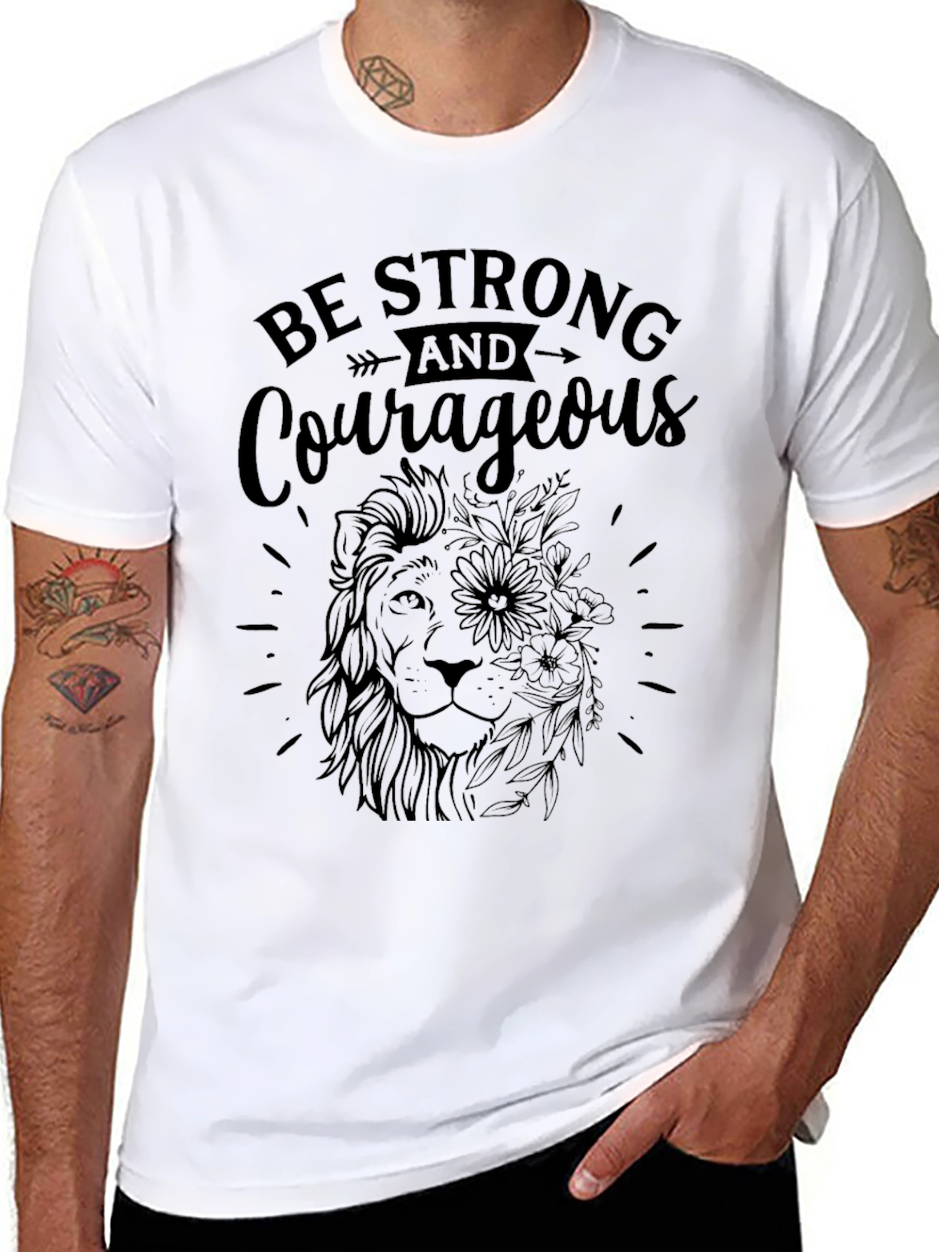 Be Strong & Courageous Lion Graphic Tee - Black