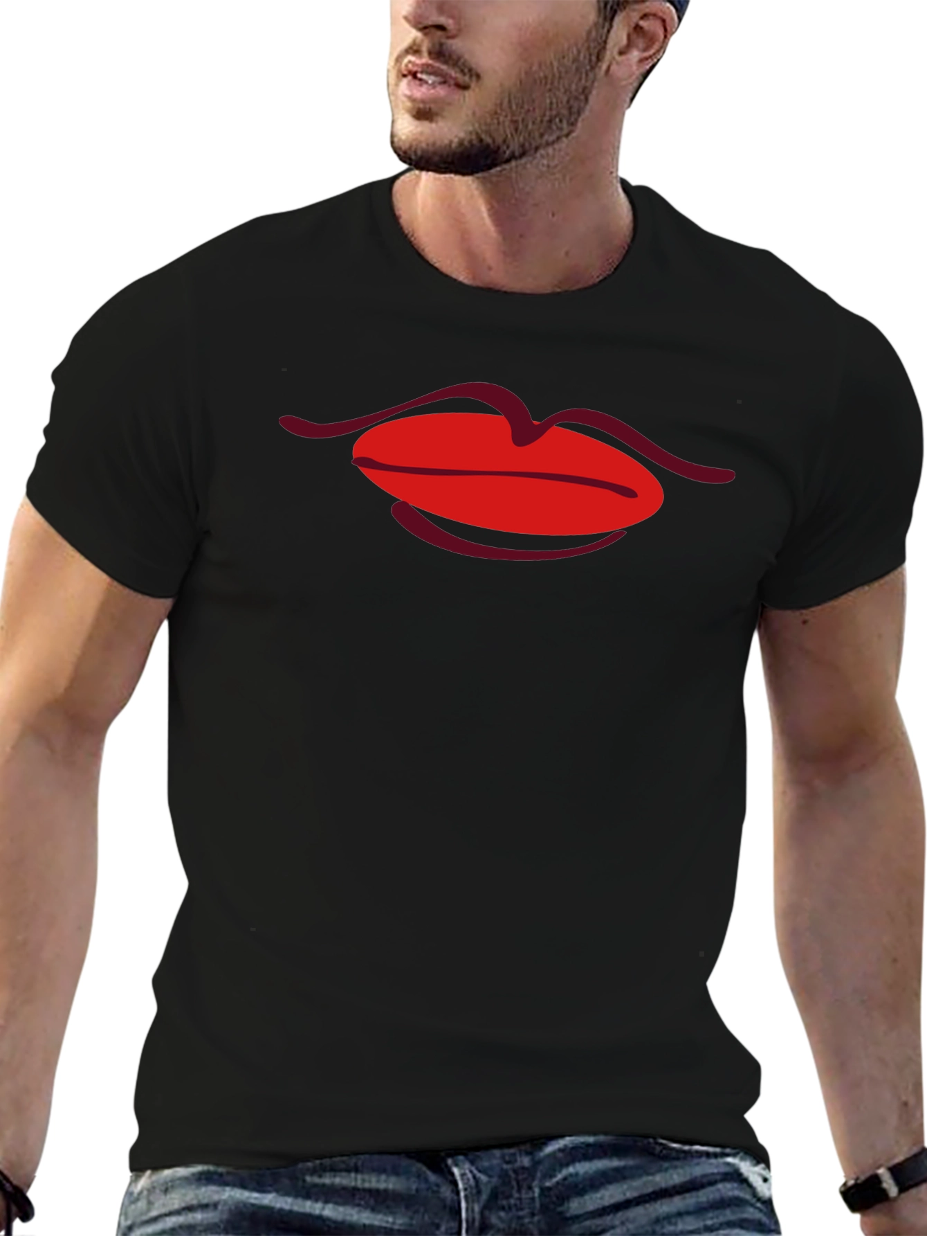 Red Lips Graphic Black T-Shirt