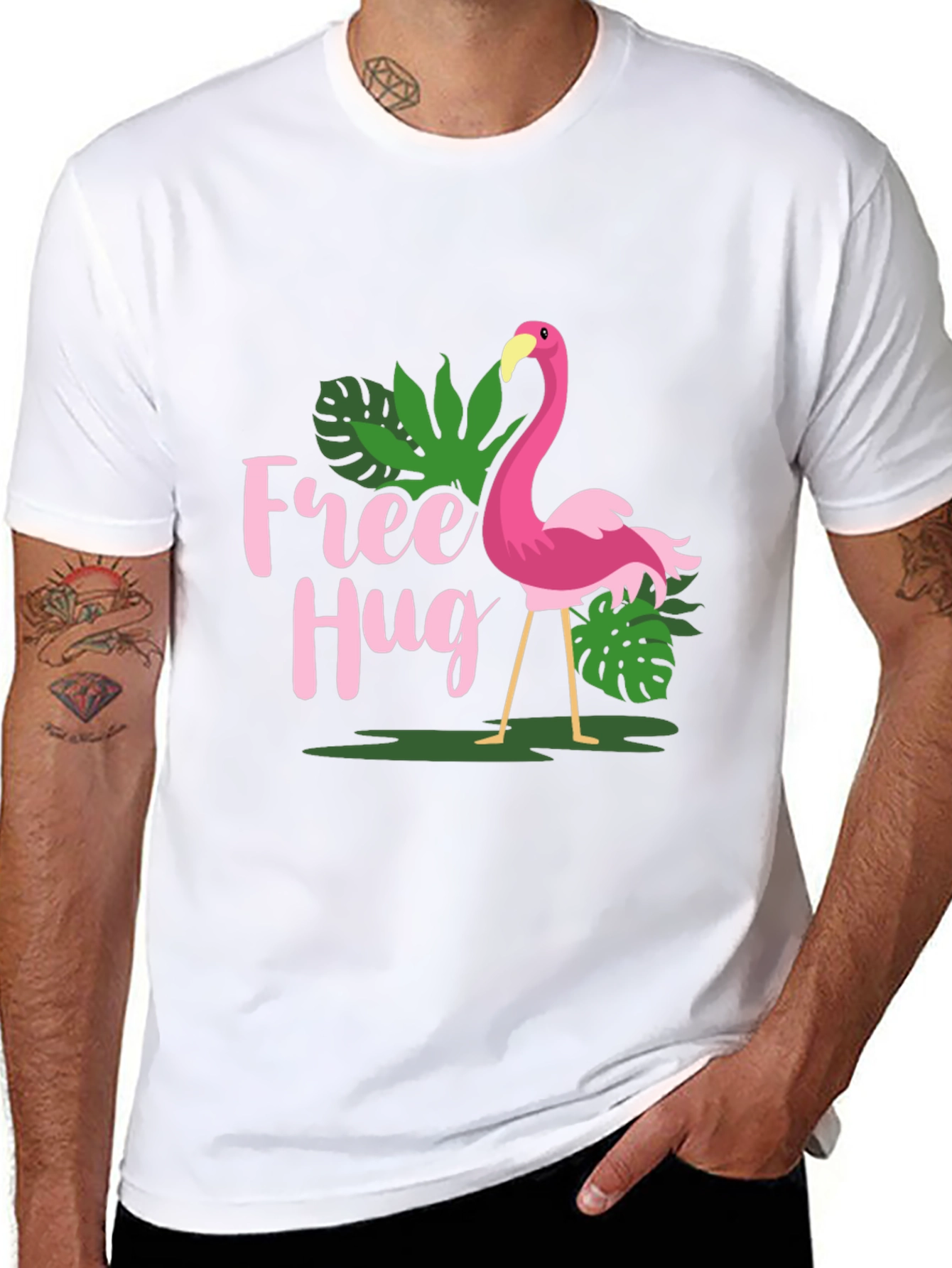 Free Hug Flamingo Graphic Tee - Tropical Print