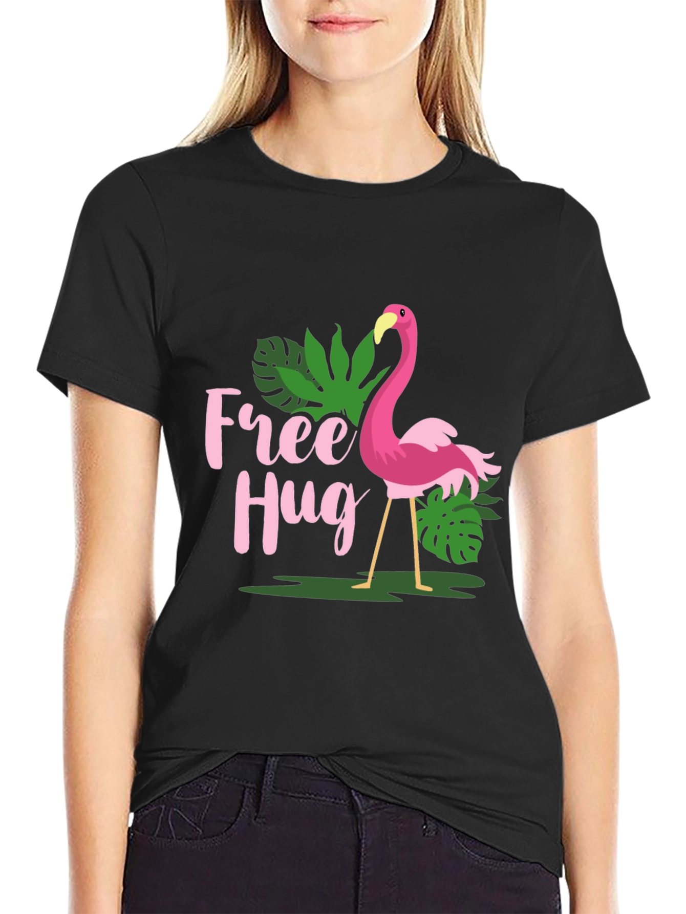 Free Hug Flamingo Graphic Tee - Tropical Print
