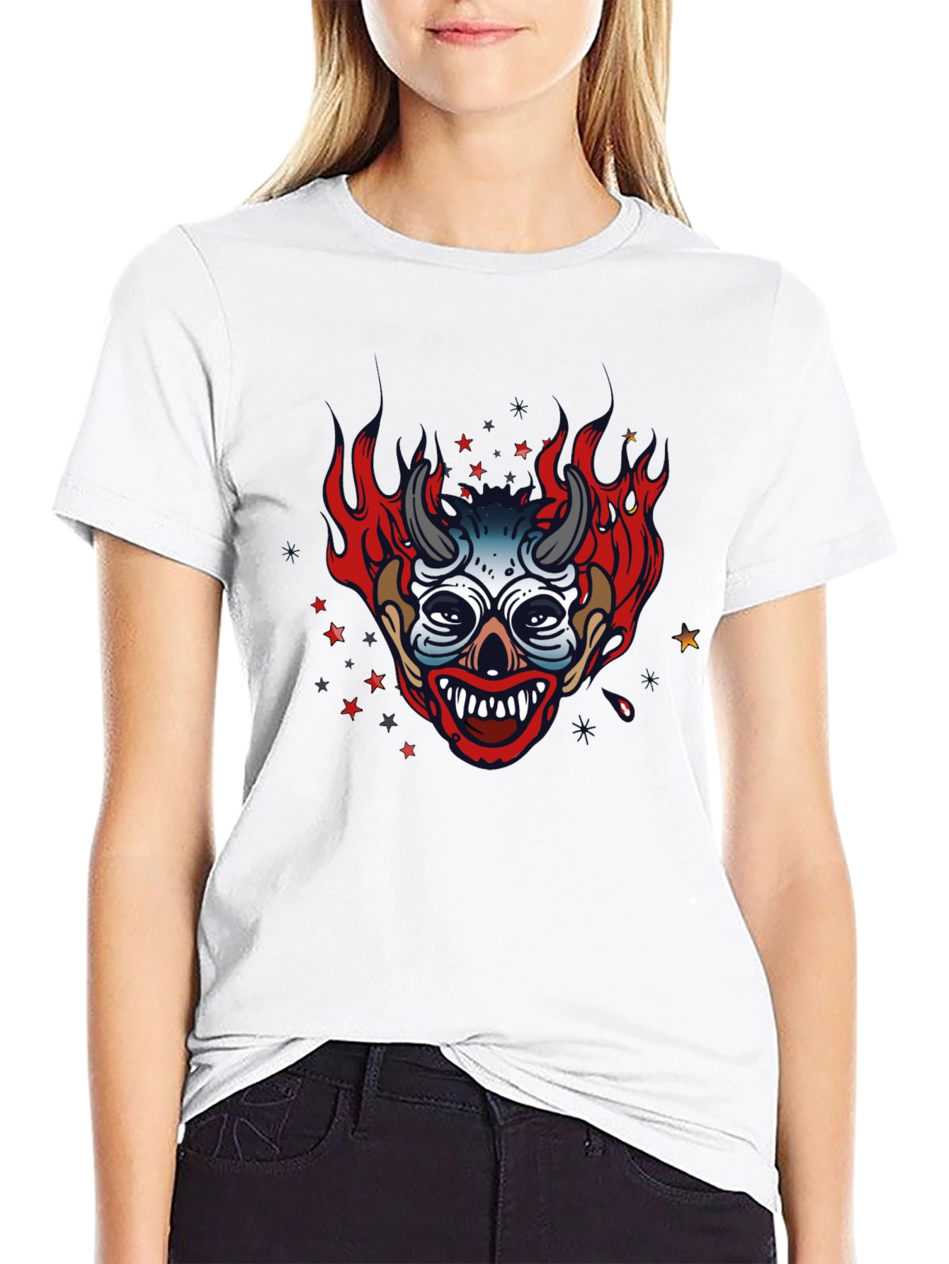 Fiery Devil Clown Graphic Print Black T-Shirt