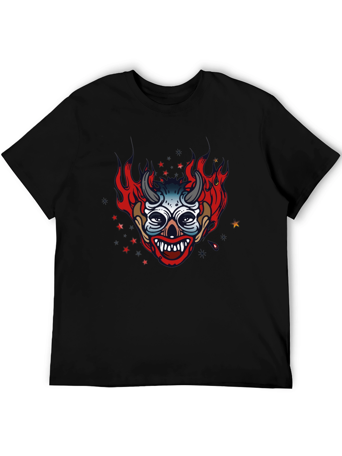 Fiery Devil Clown Graphic Print Black T-Shirt