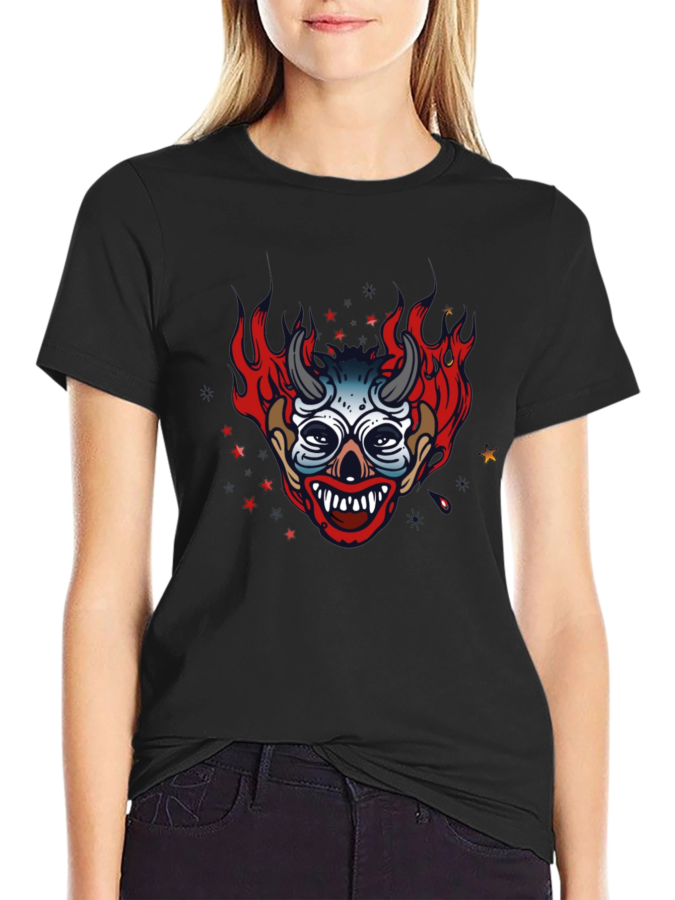 Fiery Devil Clown Graphic Print Black T-Shirt