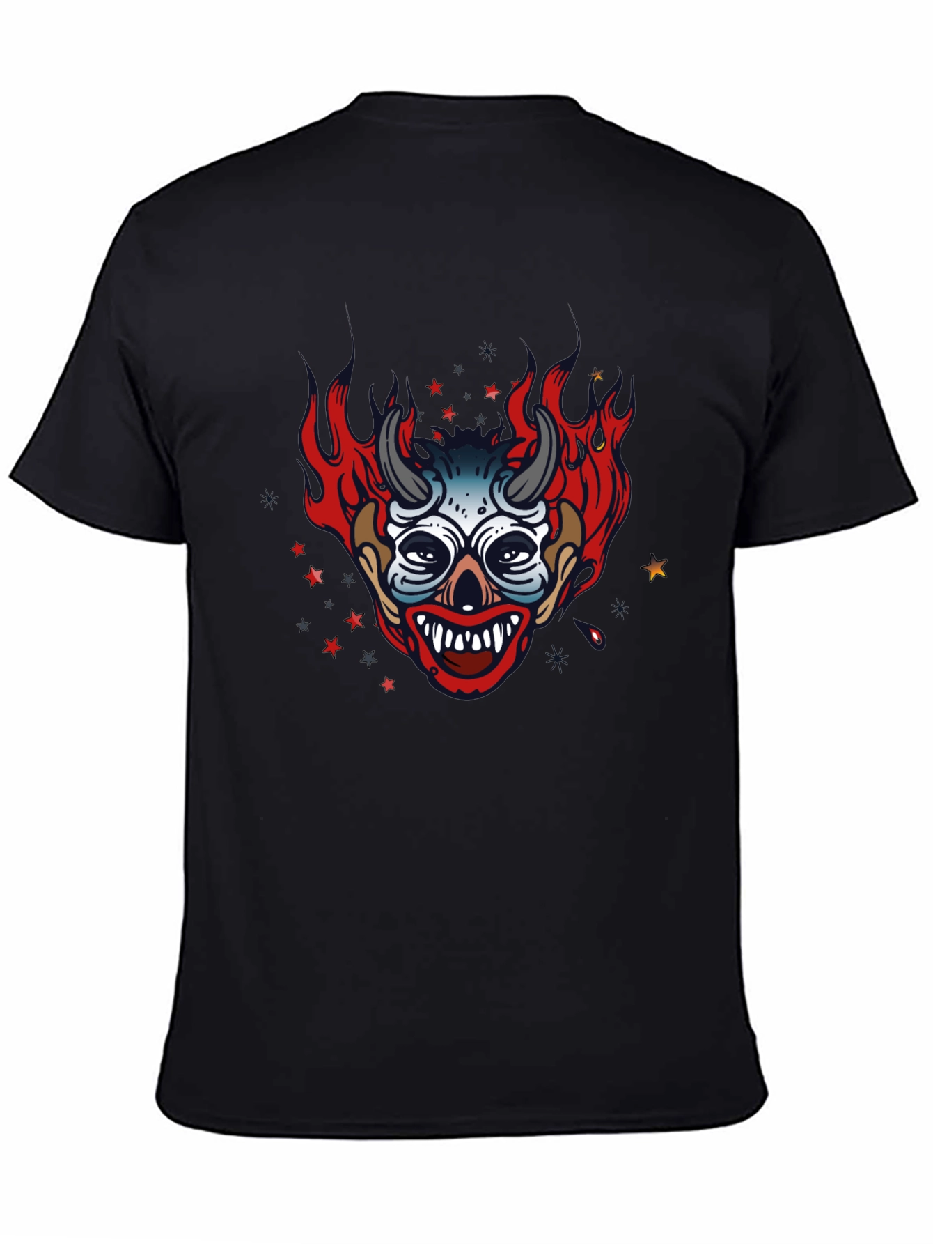 Fiery Devil Clown Graphic Print Black T-Shirt