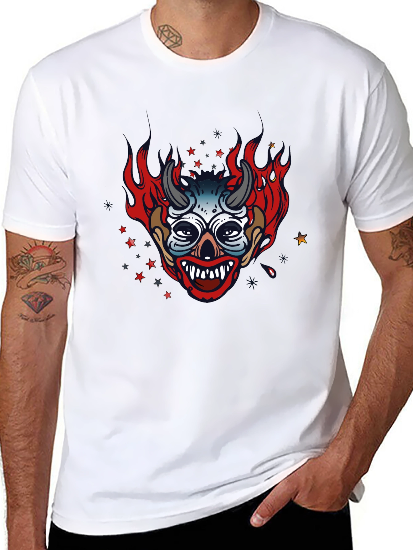 Fiery Devil Clown Graphic Print Black T-Shirt