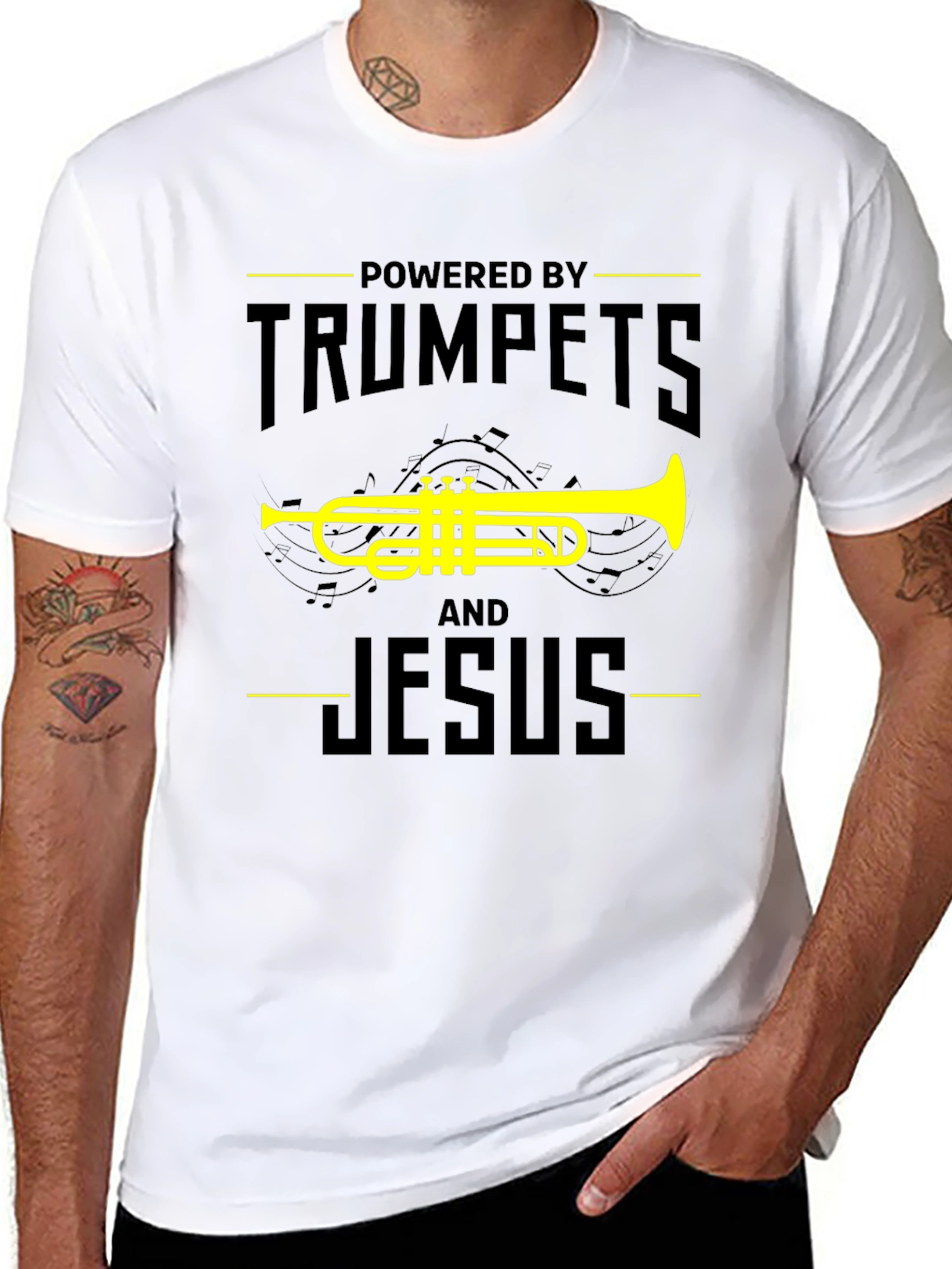 Powered by Trumpets and Jesus Black T-Shirt
