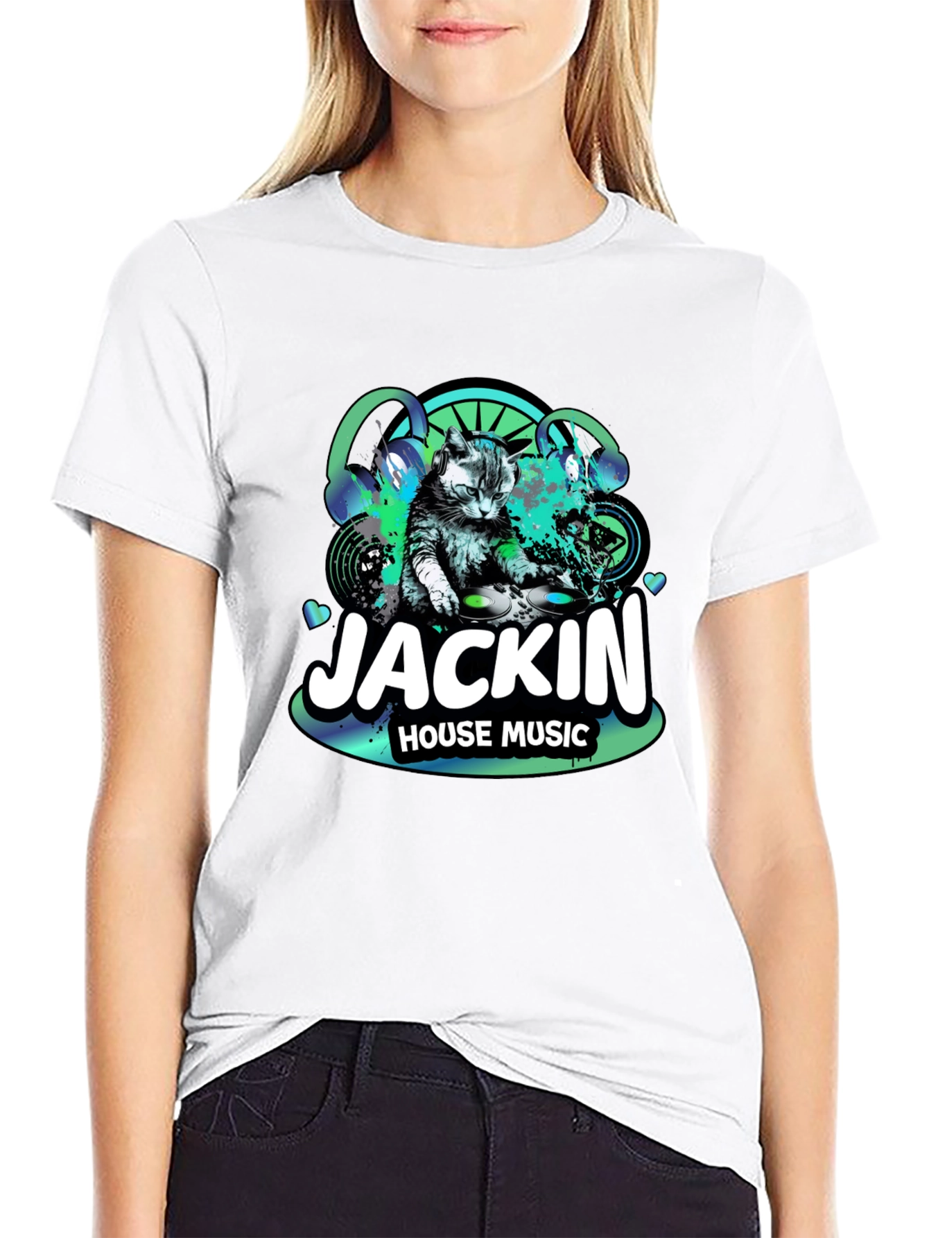 Jackin House Music Cat DJ Black T-Shirt