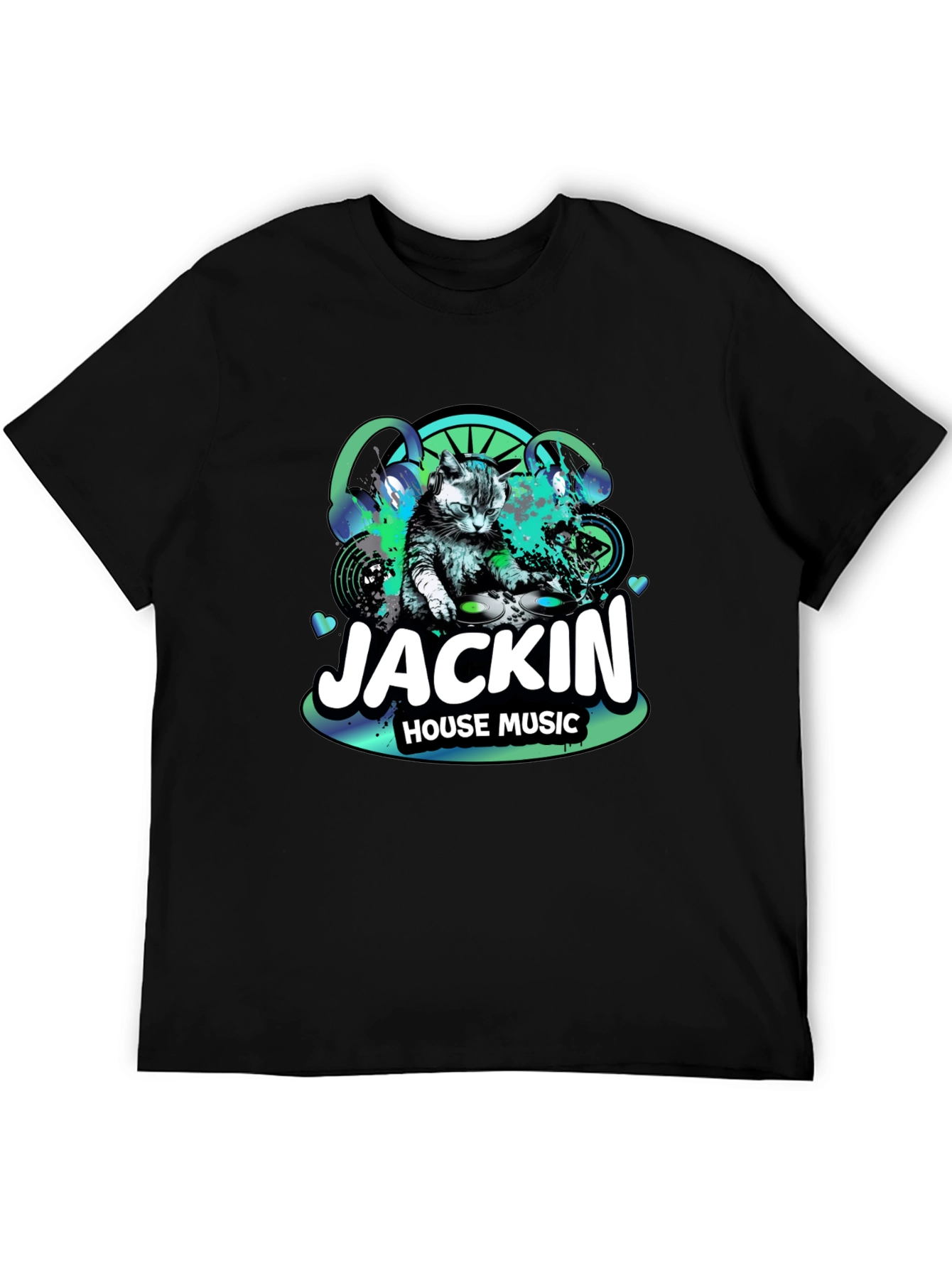 Jackin House Music Cat DJ Black T-Shirt