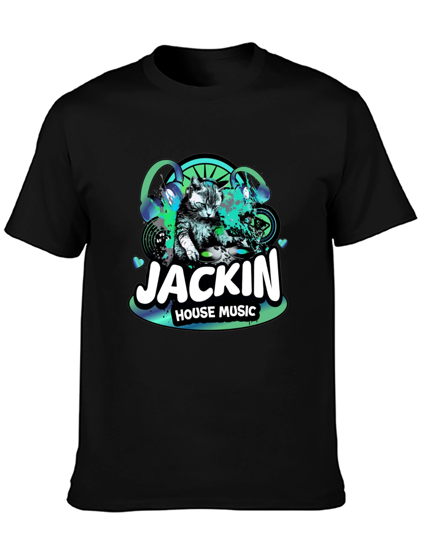 Jackin House Music Cat DJ Black T-Shirt