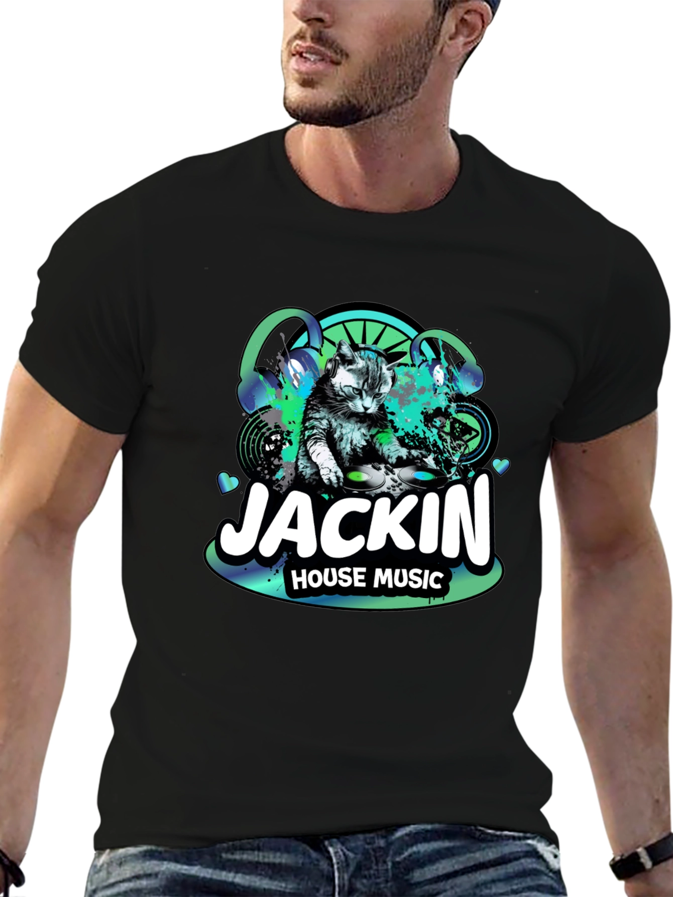 Jackin House Music Cat DJ Black T-Shirt