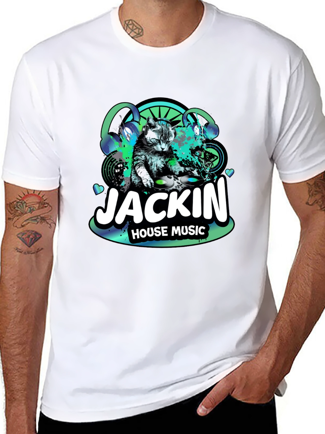 Jackin House Music Cat DJ Black T-Shirt